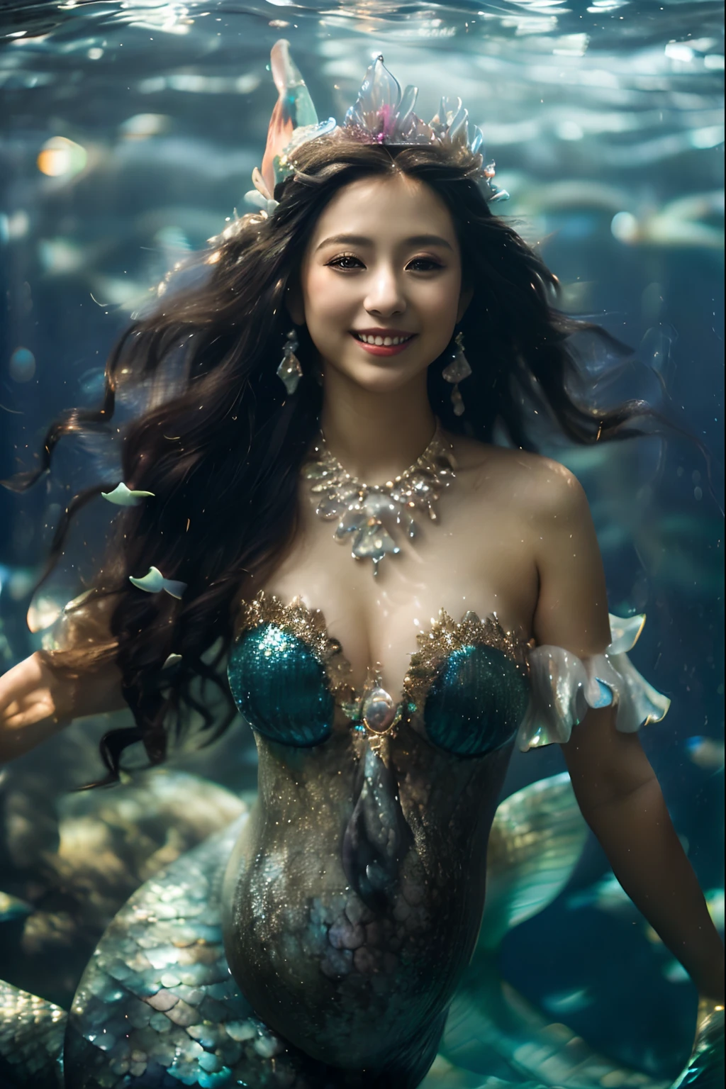 (((Pregnant mermaid with very big belly,Her whole body is shown.,Mermaid's tail,The tail is in the picture.))),(The most beautiful Japan faces,Cute Japan beautiful girl face,fair skin,Beautiful wavy hair with luster,Glossy hair),Shining sea,