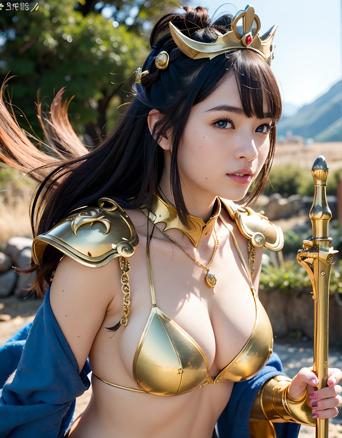 Professional , masterpiece、top-quality、photos realistic , 、top-quality、超A high resolution、(Photorealsitic:1.4)、Raw photo、depth of fields (Gemstone Gold Metal Body:1.9),(Matte White、Toostock、heavy breasts、(cleavage of the breast)、(((Micro Bikini Armor))),(Detailed Dragon Armor)、(Have the strongest weapon)、((Random Hairstyles 1.6),Dark Fantasy,)explosions、intense fighting、(Precipitous cliffs),Dragon Gold Weapon,Mystical expression、Particles of light、Fight dragons、(Detailed Dragon Helmet),Gorgeous Silver Weapons ,(( Dragon's dense and gorgeous sword)) , Beautiful knife ,warhammer 40k ,Detail and gorgeous crown、((Blue hair))、(Castle background)、、((Gangle's forest background))、Beautiful Caucasian beauty、1a person、dynamic ungle,(((With detailed shielding)))、Smaller head、A smile、Castle background、Thin and beautiful female hands、cleavage of the breast、Soldier in iron armor on background、Mystical expression、Light Effects、intense fighting、Wind-effect、magic circles、With the legendary magic wand、(demonic wings)、Toostock、