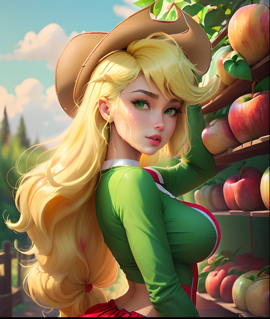 Apple Jack, Apple Jack from my Little Pony, Apple Jack in the form of a girl, long hair, voluminous breasts, very large breasts, lush breasts, bulging breasts, green and red clothes, cow boy hat, picks apples, forest background, apple farm, emerald eye, blonde yellow hair