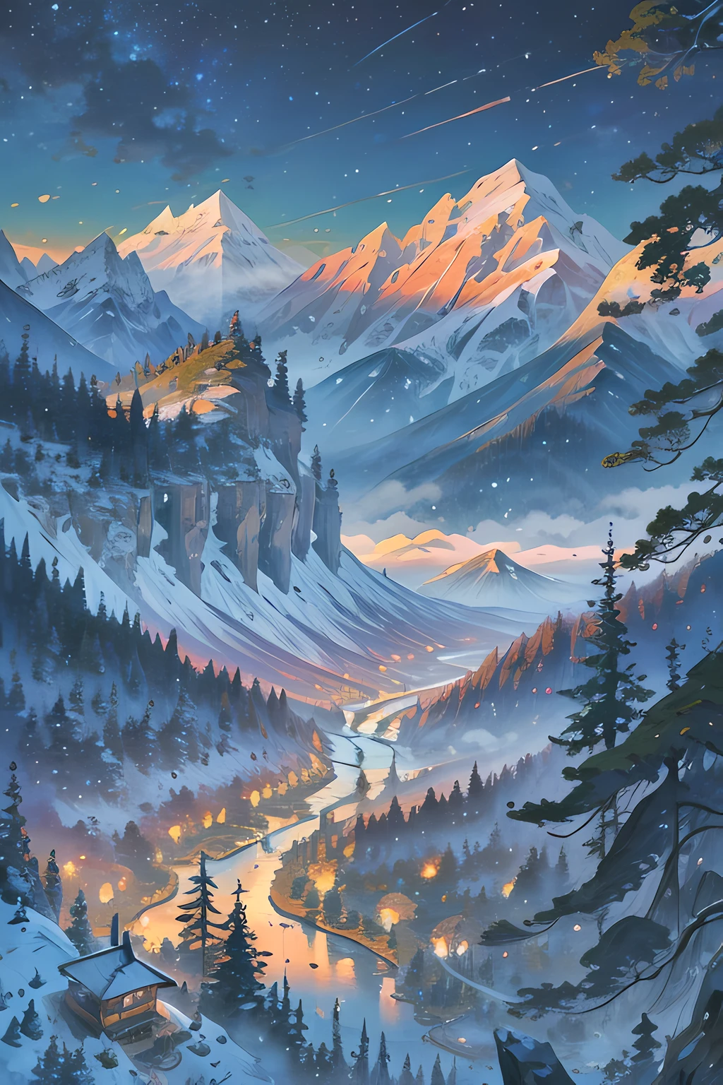 Criar uma imagem linda de natal, com montanhas nevadas, Swiss House, pinheiros e neve, paisagem campestre anime, made of tree and fantasy valley, scenery art detailed, lindas nuvens inchadas. anime, detailed scenery—width 672, papel de parede de paisagem anime, Paisagem do anime, paisagem do studio Ghibli, Arte digital altamente detalhada em 4k, paper awesome wallpaper, Tran Ross. scenic background, paisagem de sonho