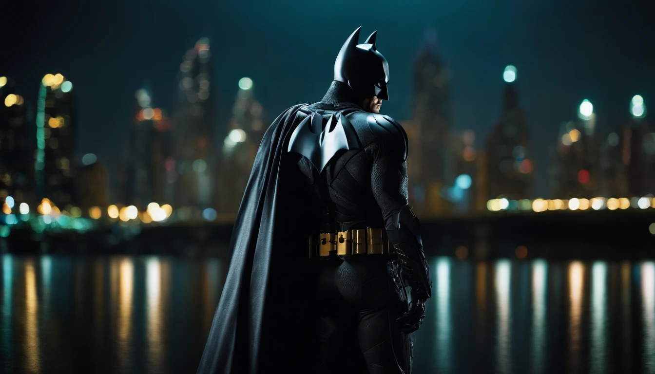 Batman in brushed steel uniform, cybernetic, His uniform is reflective, Robocore, Neon, Blurry city lights in the background, It's dark night, movie scene, DARK SETTING, palette colors, conveying the exotic