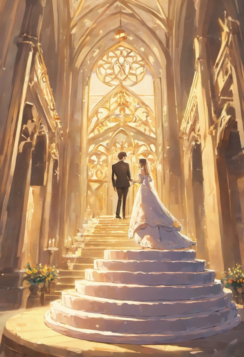 ((Twelve floors of wedding cake))，posh，style of anime，delicated，(grassland background)，Church background