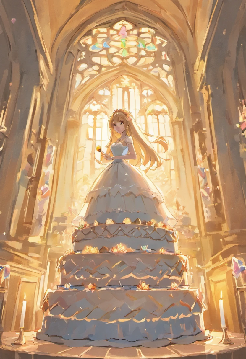 ((Twelve floors of wedding cake)),posh,style of anime,delicated,(grassland background),Church background