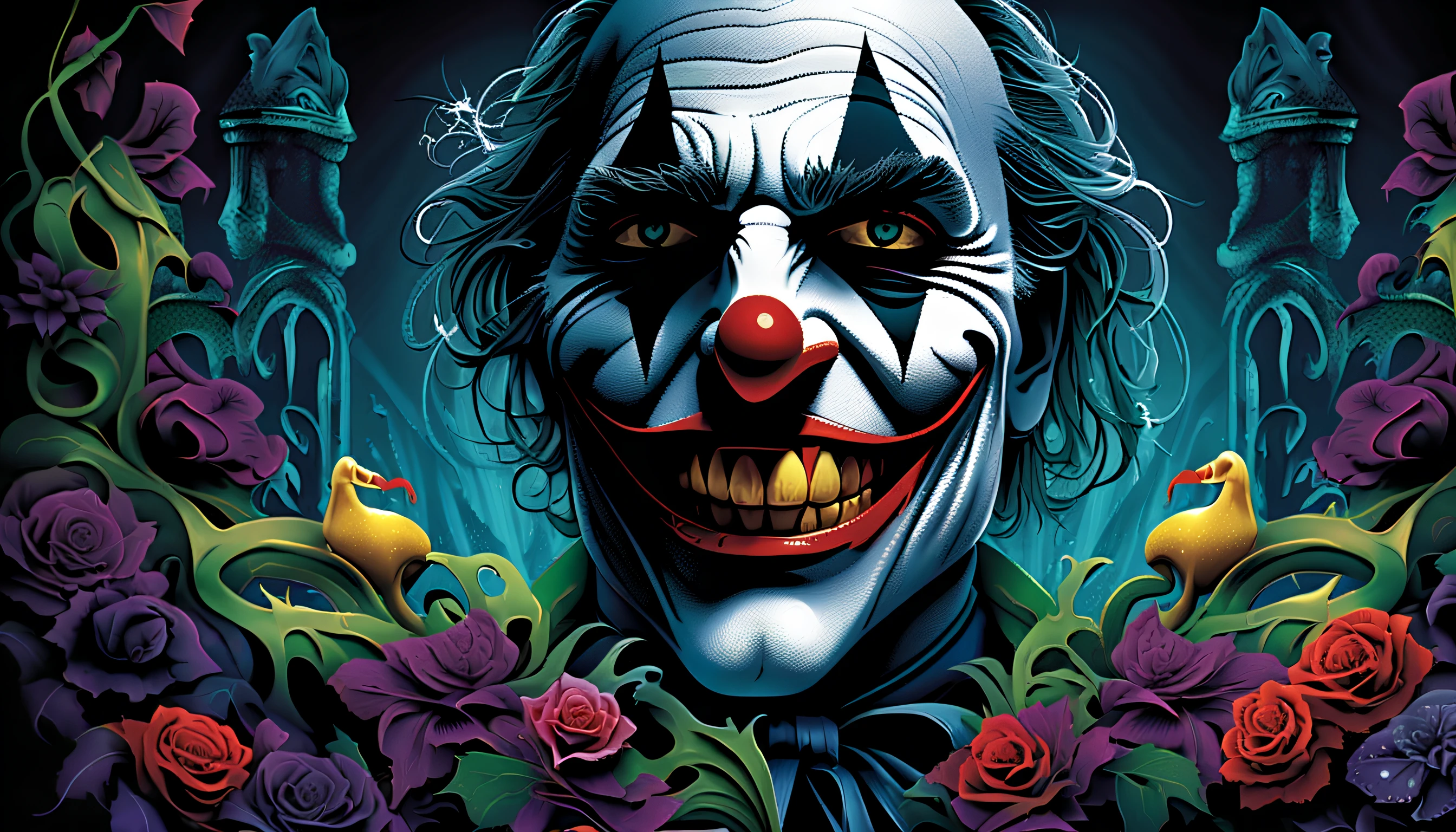 ((( joker of Frank Baum:1.3))) (((creating a dark fantasy world that exudes grandeur and complexity:1.3))), (((rendered in high resolution for the ultimate quality:1.3))), skull head with anaconda, each season represented by delicate pet, character merge seamlessly, stunning illustration, (explore the four seasons through the eyes:1.2), (((intricate and visually striking details texture:1.3))), the vibrant colors of spring to the icy chill of winter,), high contrast, dream illustration of a dying world, dark and majestic atmosphere and a high-quality rendering,