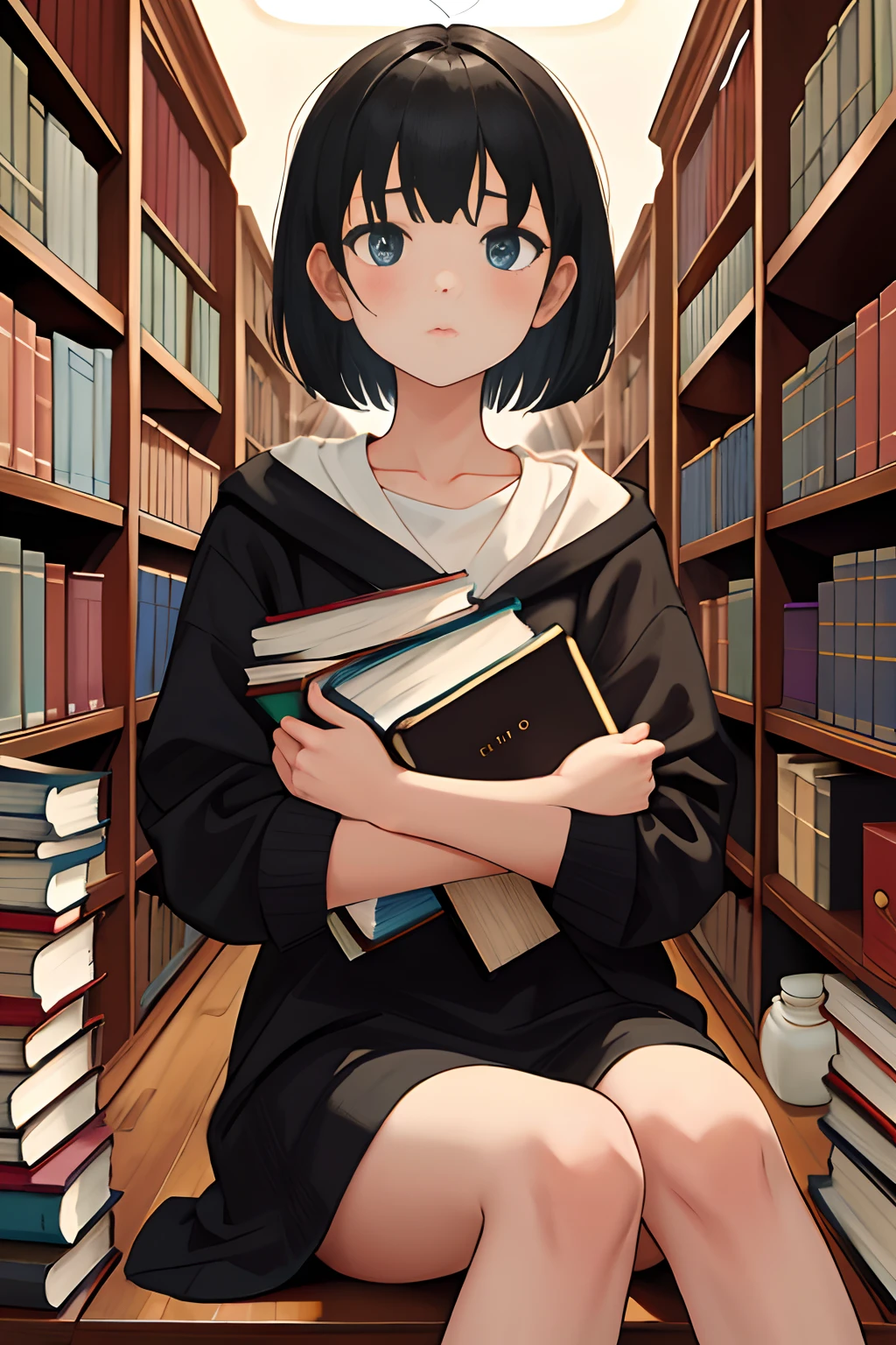 masterpiece,best quality,1girl, solo, black short hair,library,expressionless,face,bookshelf,magnificent,passage
