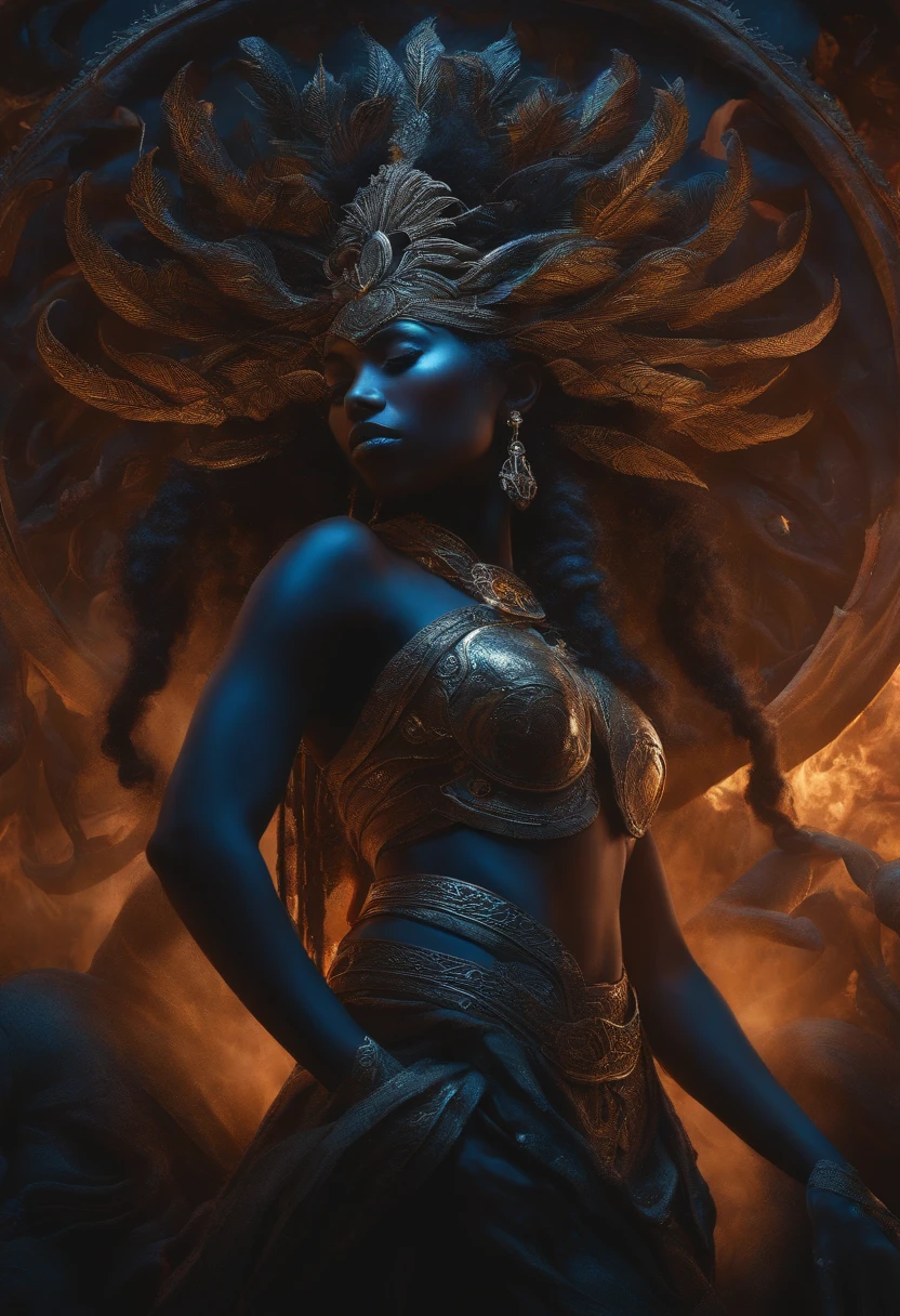 Create a character description for a goddess with dark or blue skin, wild hair flowing like a halo, a garland of human heads, multiple arms wielding weapons, and a protruding tongue symbolizing her defiance of societal norms and her role as a liberator from the cycle of birth and death.