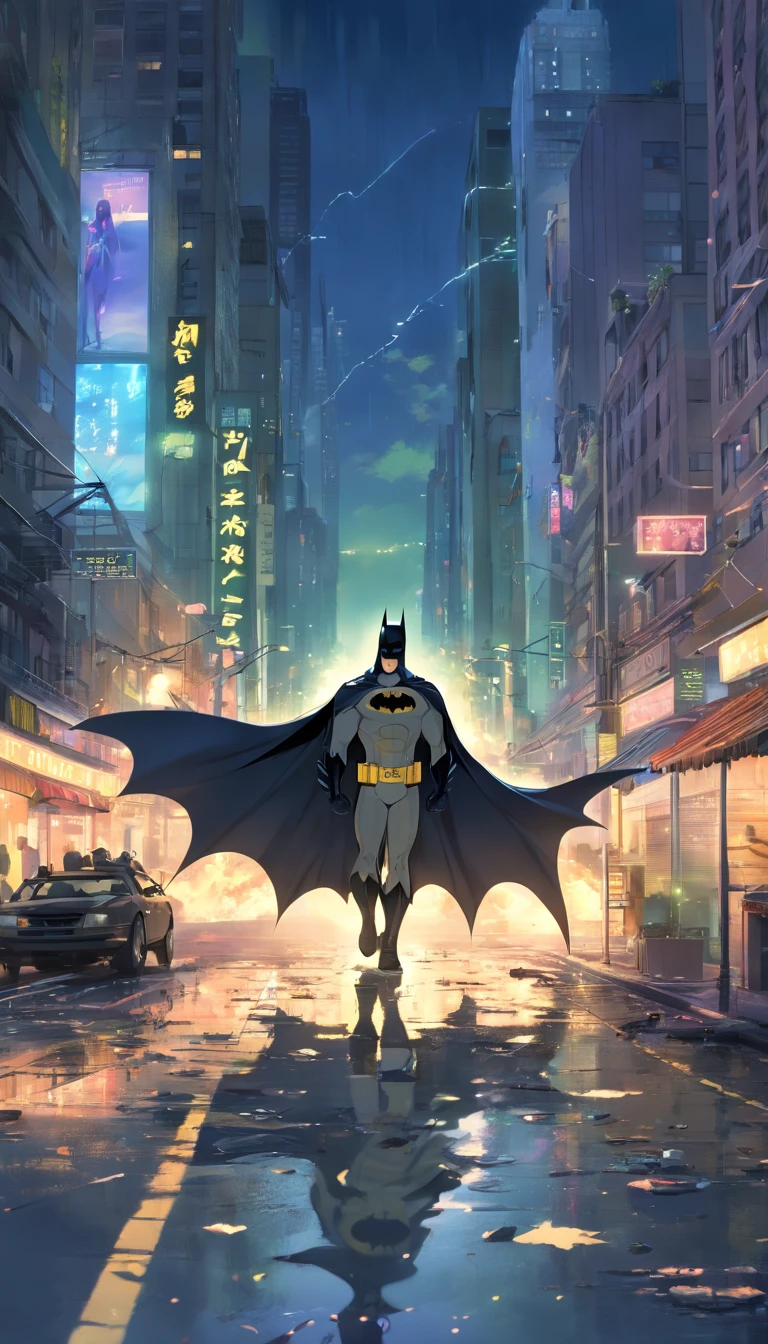 A rainy, dark sky background with Gotham City and Batman flying in the air, wearing his iconic costume and cape. The details of Batman should include a muscular physique, with a stern and determined expression on his face. His eyes should be intense and his jawline sharp. The rain should be depicted with droplets falling from the sky, creating a moody atmosphere. The cityscape of Gotham should be filled with tall buildings, dimly lit with neon signs and flickering streetlights. The colors should be muted and desaturated, giving a somber and mysterious feel. The lighting should be dramatic, with shadows cast by the buildings and illuminated by flashes of lightning in the sky. The overall image quality should be of the highest caliber, with ultra-detailed rendering and sharp focus on Batman and the cityscape. The art style should be a combination of concept art and realistic, giving a gritty and immersive feel. The color tones should lean towards cool blues and grays, enhancing the dark and gloomy atmosphere.