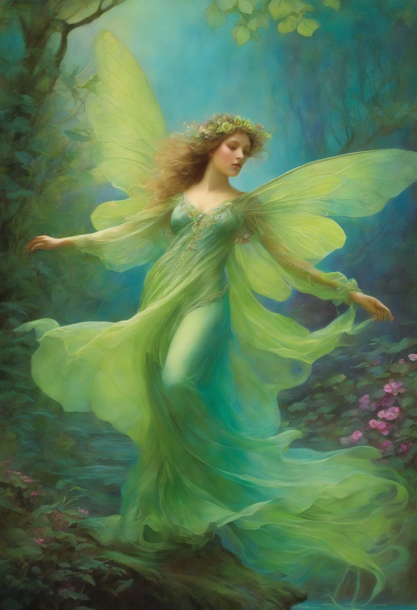 Fairy Dance, Elegant, Very charming beautiful by Daniel Merriam, Josephine Wall, Magenta decoration by Alphonse Mucha and Ralph McQuarrie, aqua, Lime green.  .watercolor paiting, wet on wet,