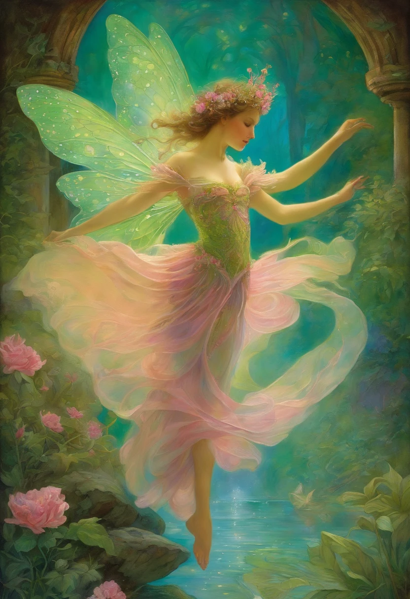 Fairy Dance, Elegant, Very charming beautiful by Daniel Merriam, Josephine Wall, Magenta decoration by Alphonse Mucha and Ralph McQuarrie, aqua, Lime green. .watercolor paiting, wet on wet,