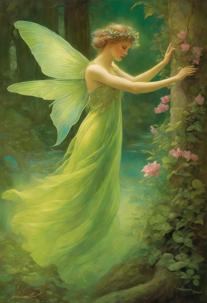 Fairy Dance, Elegant, Very charming beautiful by Daniel Merriam, Josephine Wall, Magenta decoration by Alphonse Mucha and Ralph McQuarrie, aqua, Lime green.  .watercolor paiting, wet on wet,