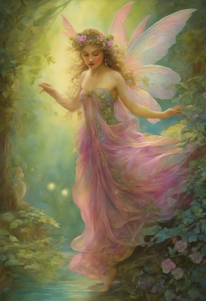 Fairy Dance, Elegant, Very charming beautiful by Daniel Merriam, Josephine Wall, Magenta decoration by Alphonse Mucha and Ralph McQuarrie, aqua, Lime green. .watercolor paiting, wet on wet,