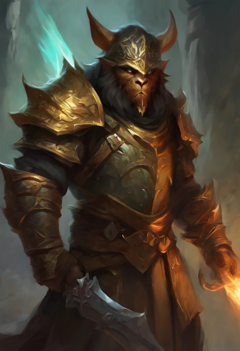 Front, close portrait, bugbear form, male, armoured, mace, malevolent, hiding, dungeon, black hood, light armor, shield