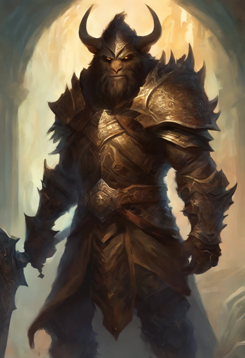 Front, close portrait, bugbear form, male, armoured, mace, malevolent, hiding, dungeon, black hood, light armor, shield