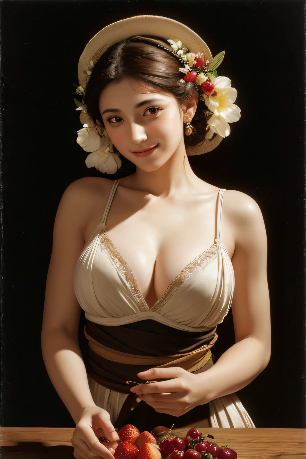 Ancient Greek maiden, Ancient Greek clothes, woman, pure smile, Caravaggio painting, flowers, fruits, big breasts Tong ,Caravaggio chiaroscuro, dark background