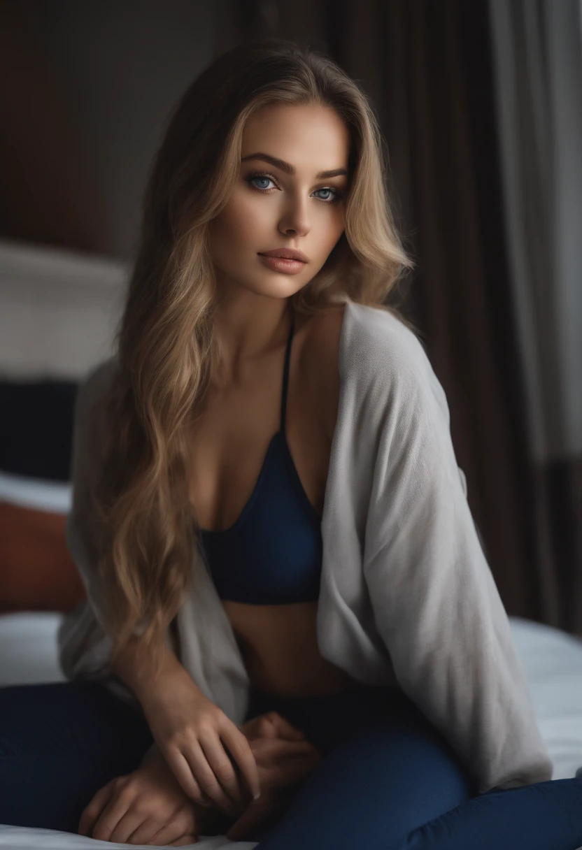 Arafed woman completely , fille ???? aux yeux bleu, ultra realist, Meticulously detailed, Portrait Sophie Mudd, cheveux blonds et grands yeux, selfie of a young woman, Yeux de chambre, Violet Myers, sans maquillage, maquillage naturel, looking straight at camera, Visage avec Artgram, Maquillage subtil, Great photo of the whole body kneeling on the bed, dans la chambre, Buste de grande taille