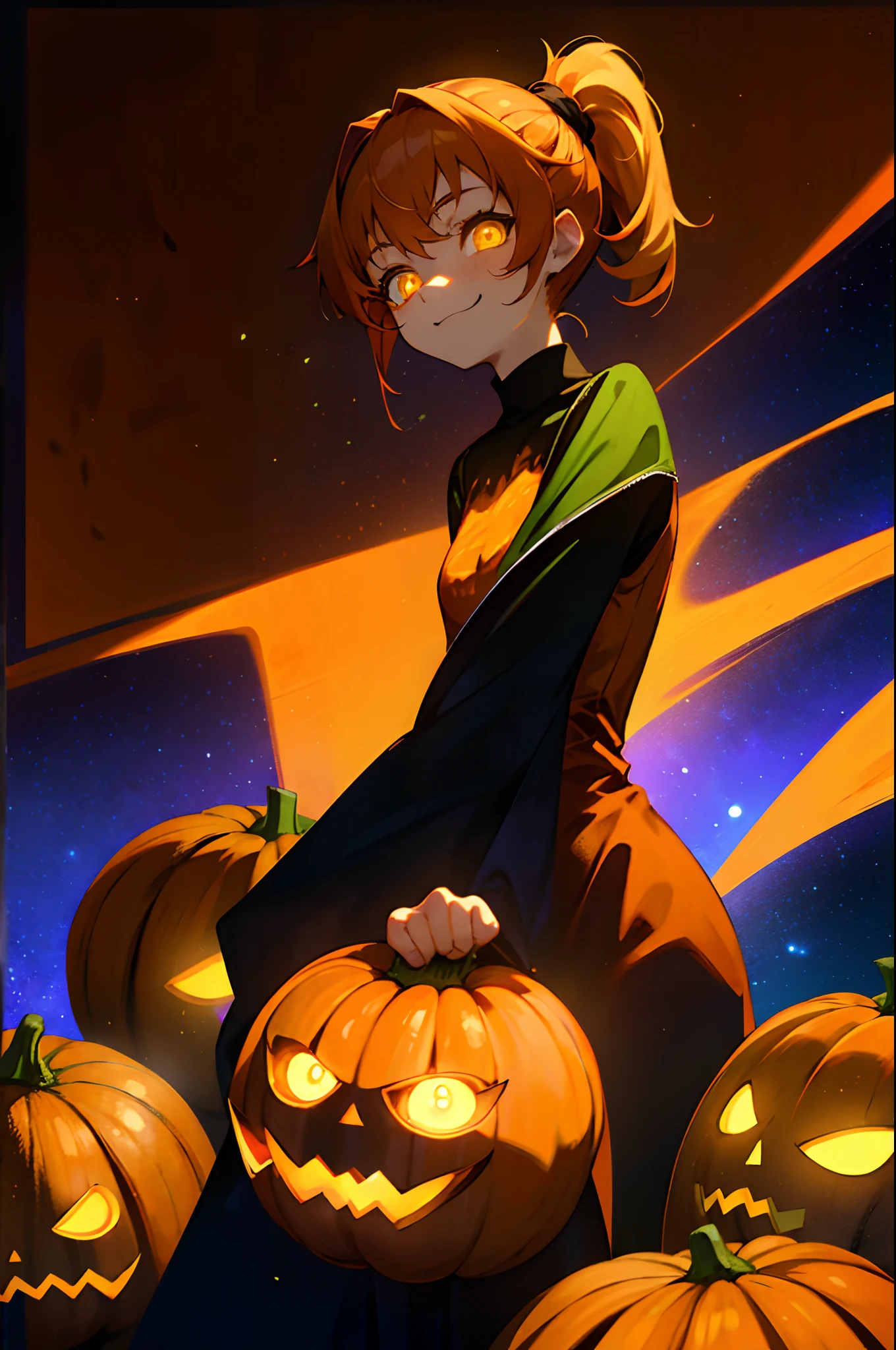 1 Girl、1、Orange Hair、glowing green eyes、Side Ponytail、Jack O'Lantern、Halloween、smile、smile、Colorful starry sky、Iridescent aura、Purplish color、Outdoor、Shadow lighting