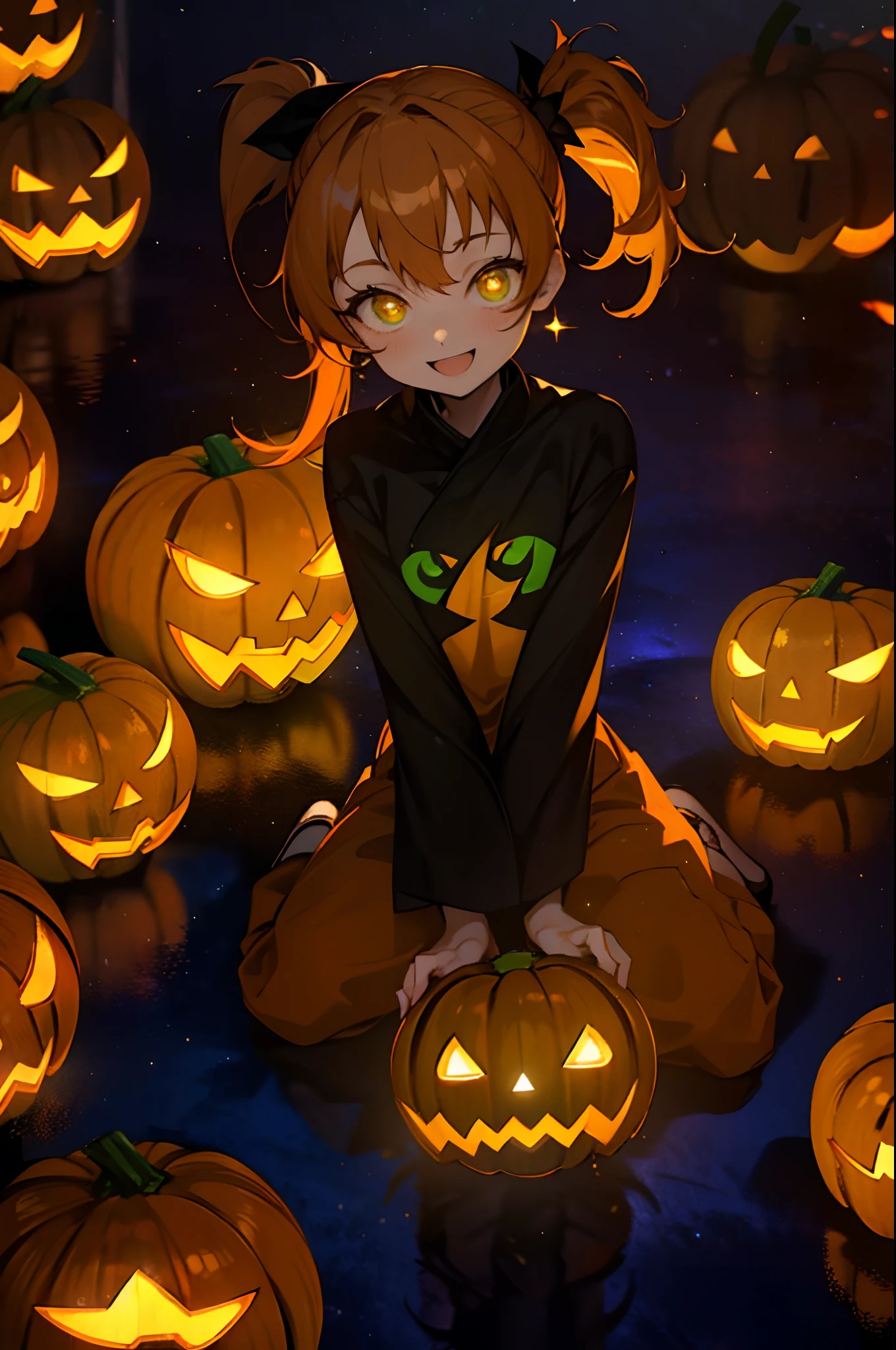 girl with(((18year old、Orange hair,Glowing green eyes,Side Ponytail、Happiness、Jack-o'-lantern)))、Background with((Halloween 1.3))、huge smile、Colorful starry sky,Stars,Iridescent aura around the eyes、Narrowed eyes sucked in,Wearing a rainbow-colored aura from the whole body、purpleish color, Outdoors, Purple background, Shadow lighting