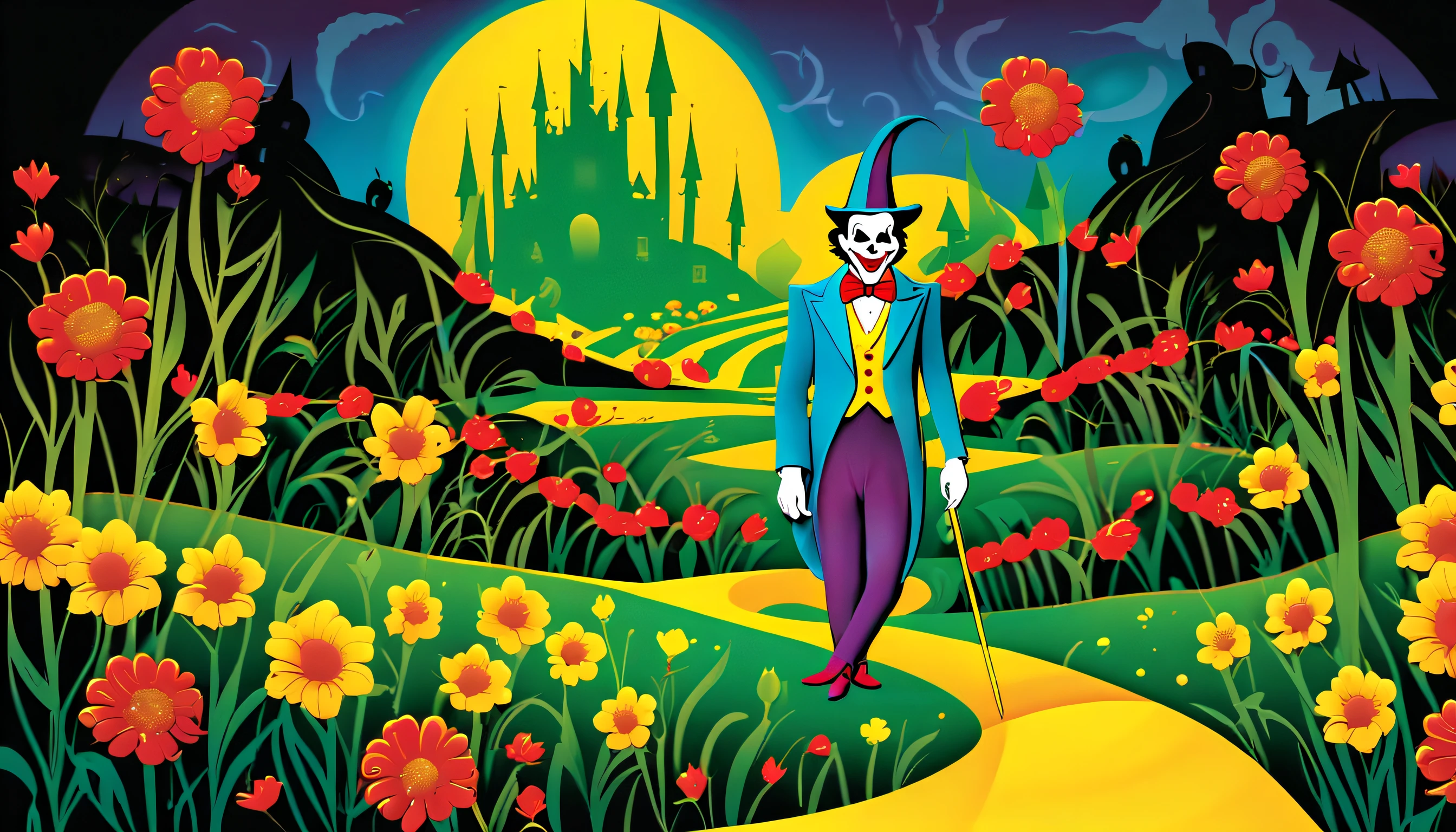 ((( joker of Frank Baum wizard of oz:1.3))) (((creating a dark fantasy world that exudes grandeur and complexity:1.3))), (((rendered in high resolution for the ultimate quality:1.3))), skull head with anaconda, each season represented by happy pop delicate details, (character merge seamlessly:1.1), stunning illustration, (explore the four seasons through the eyes:1.2), (((intricate and visually striking details texture:1.3))), (the vibrant colors of spring to the icy chill of winter:1.3), high contrast, dream illustration of a dying world, (dark and majestic atmosphere and a high-quality rendering:1.2),