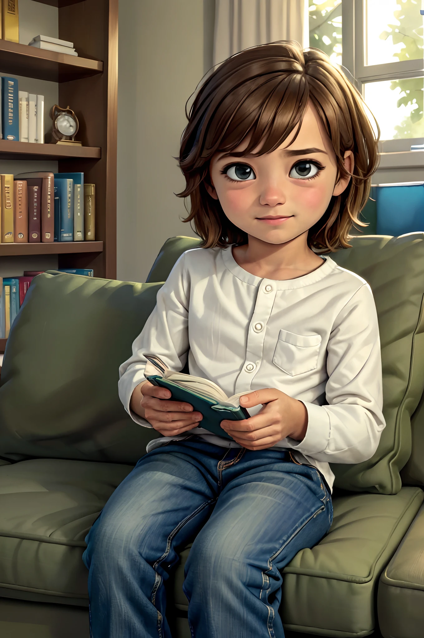(highres,best quality,realistic) 1 ,sitting on the couch,reading a book,cozy living room,soft natural light,vibrant colors,comfortable cushions,bookshelf in the background,bookmarks and notes,peaceful atmosphere,relaxing moment,concentration,curious expression,imagining adventurous stories,appreciating the magic of reading,gentle smile,clothes neatly stacked on the couch,affection for books,daydreaming,enchanted by the words,errands forgotten,world of imagination.