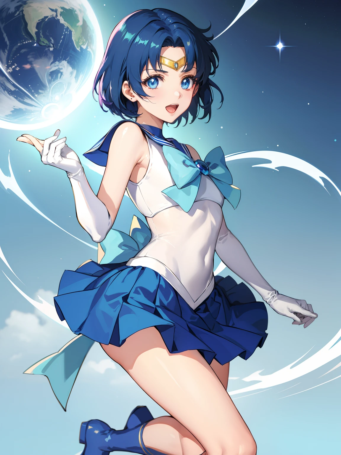 Sailor Senshi Uniform、sparkle、Sailor Mercury、Anime Boy、Junior high school boys、Ami Mizuno、gender change、gender change(Girls to boys)、circlet、Blue sailor collar、solo、Blue sailor collar、Sky blue ribbon at chest、Blue-eyed boy、Short blue-haired boy、a blue skirt、Blue choker、Blue knee boots、skirt、bow、back_bow、rating:safe、boots、Magical Boy、Bare shoulders、bare legs、knee_boots、sparkle_background、white glove、jewelry、smile、elbowgloves、耳Nipple Ring、blue_bow、open_mouth、heart、White leotard、highleg leotard、robe blanche、full_body、blue_background、looking_at_viewer、indoors、room、lens_flare、a miniskirt、pleatedskirt、