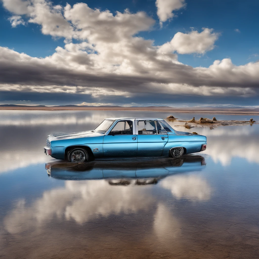 Alafed vehicle in a large body of water with clouds in the sky, At Salar de Uyuni, Amazing reflections of the sky, Incredible reflections, beautiful reflection, stunning photo, epic and stunning, Crossing the Blue Horizon