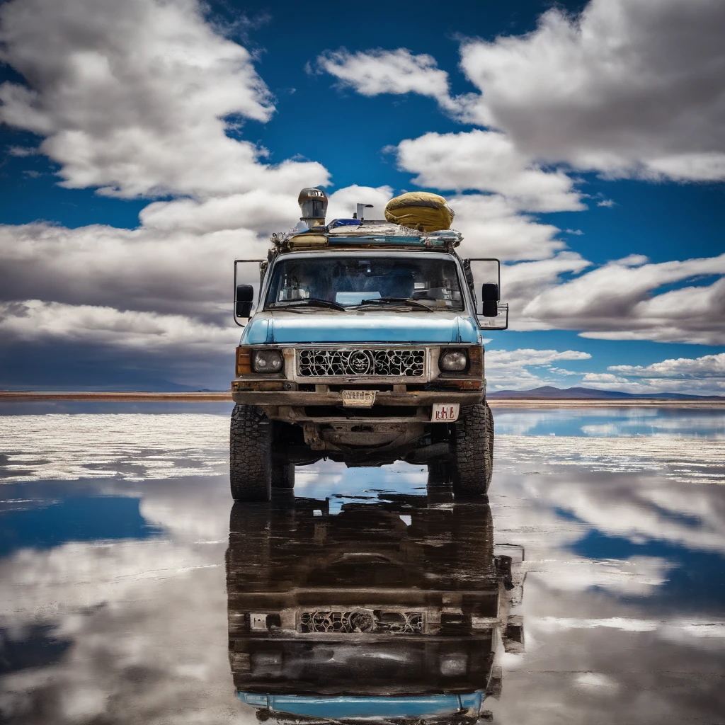 Alafed vehicle in a large body of water with clouds in the sky, At Salar de Uyuni, Amazing reflections of the sky, Incredible reflections, beautiful reflection, stunning photo, epic and stunning, Crossing the Blue Horizon
