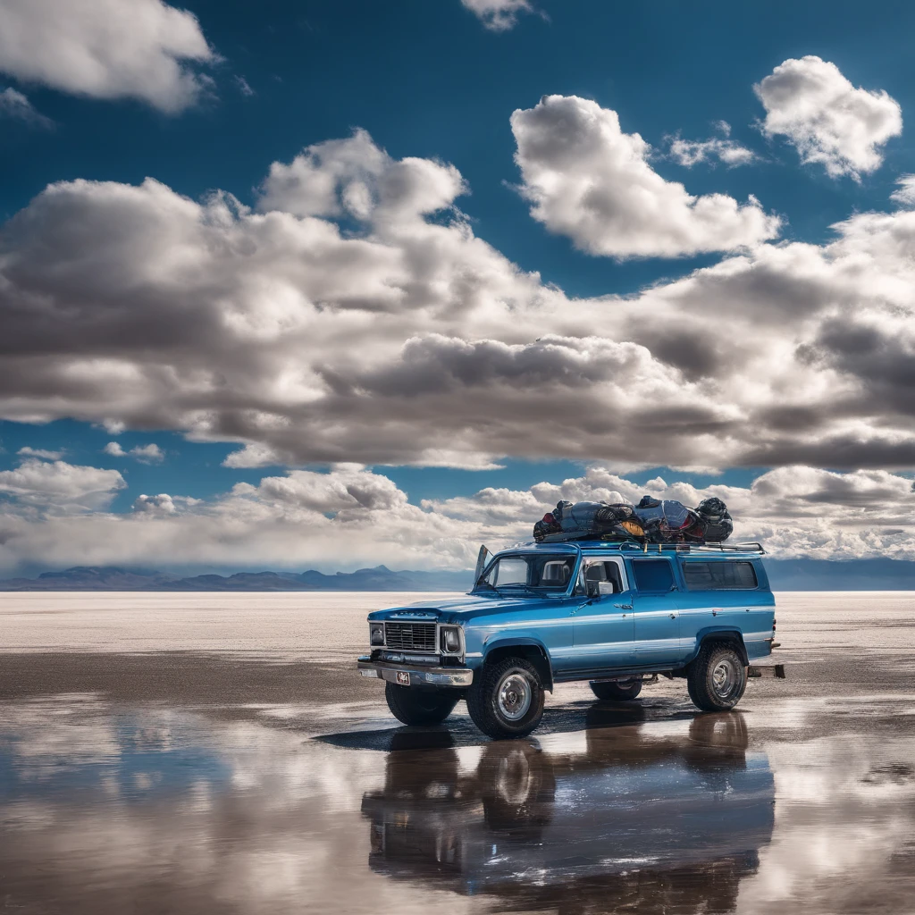 Alafed vehicle in a large body of water with clouds in the sky, At Salar de Uyuni, Amazing reflections of the sky, Incredible reflections, beautiful reflection, stunning photo, epic and stunning, Crossing the Blue Horizon