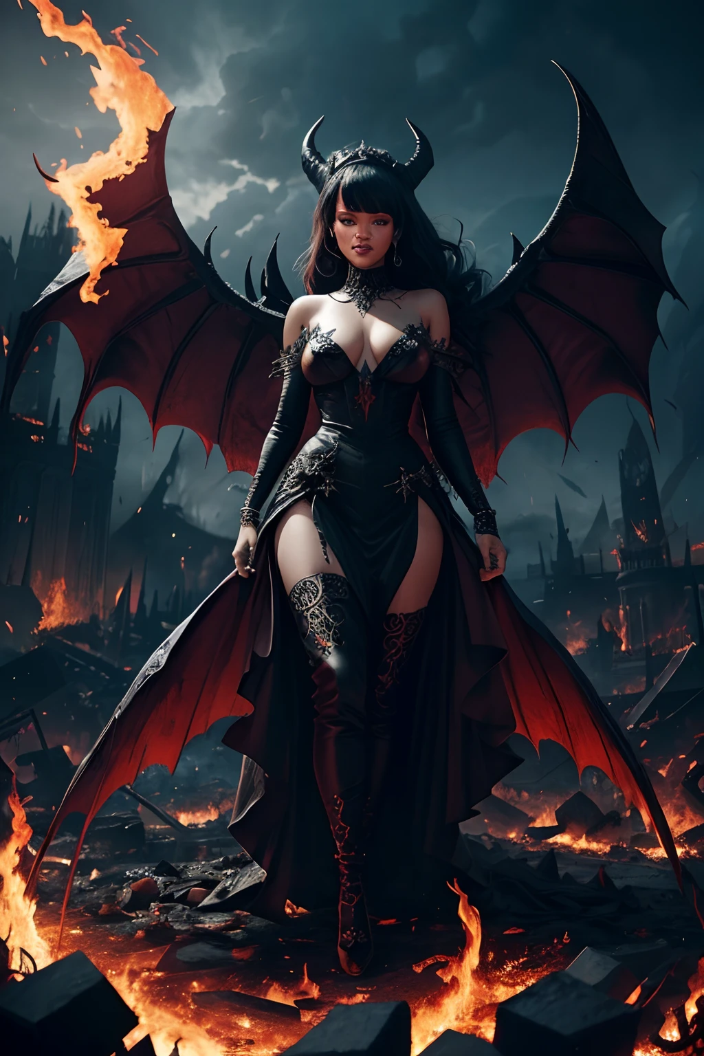 Ultra-detailed Rihanna stands atop a pile of burning ruins, Her diabolical and insidious presence radiating from her dark crown and black and red evil queen dress......................................................................... Her demon wings on her back and demon horn give her an invincible aura as she unleashes a powerful wave of destruction with a single gesture................................................................................................................................................