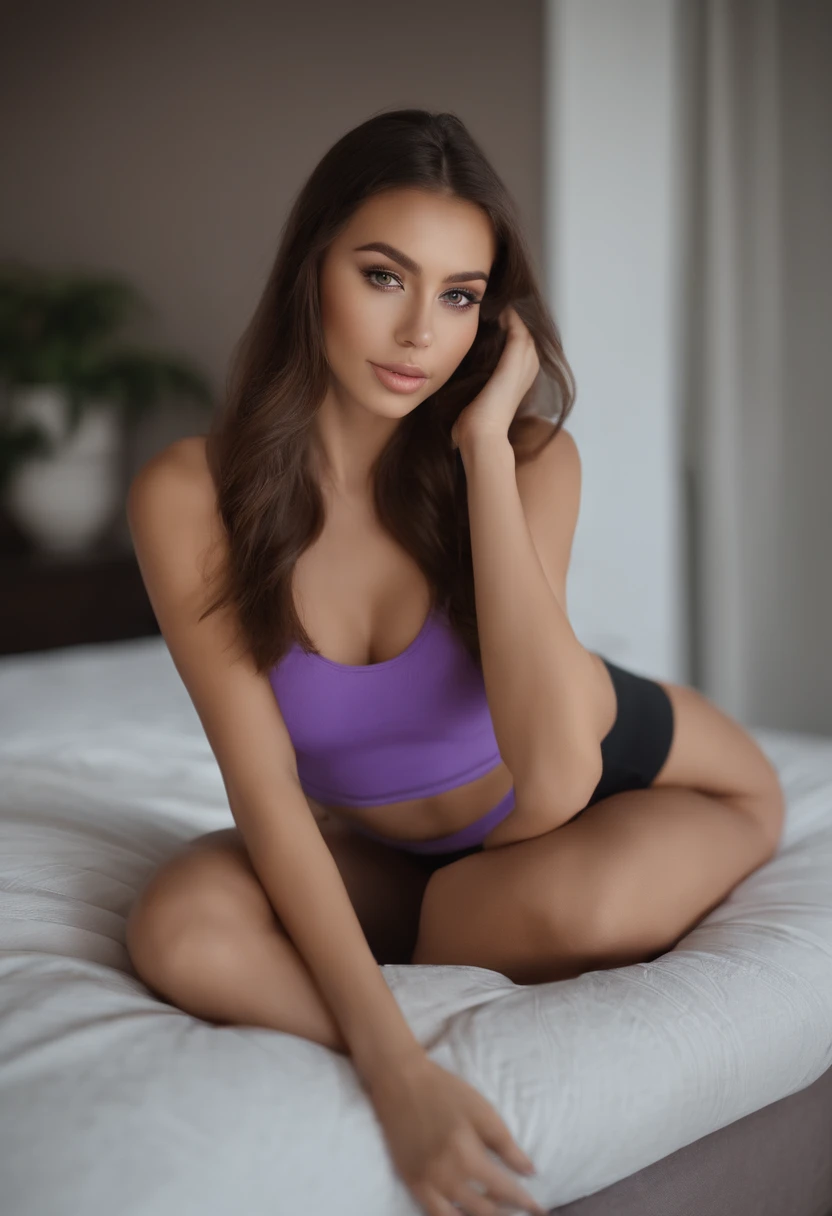 Arafed woman in tank top and matching leggings, ???? girl with brown eyes, portrait sophie mudd, brown hair and large eyes, selfie of a young woman, Eyes in the bedroom, violet myers, without Макияж, natural makeup, spin, Look at the camera, face with artgram, dezentes Make-up, Stunning full-length shot, in bedroom, ???? ???, cute ???, Yoga Pose