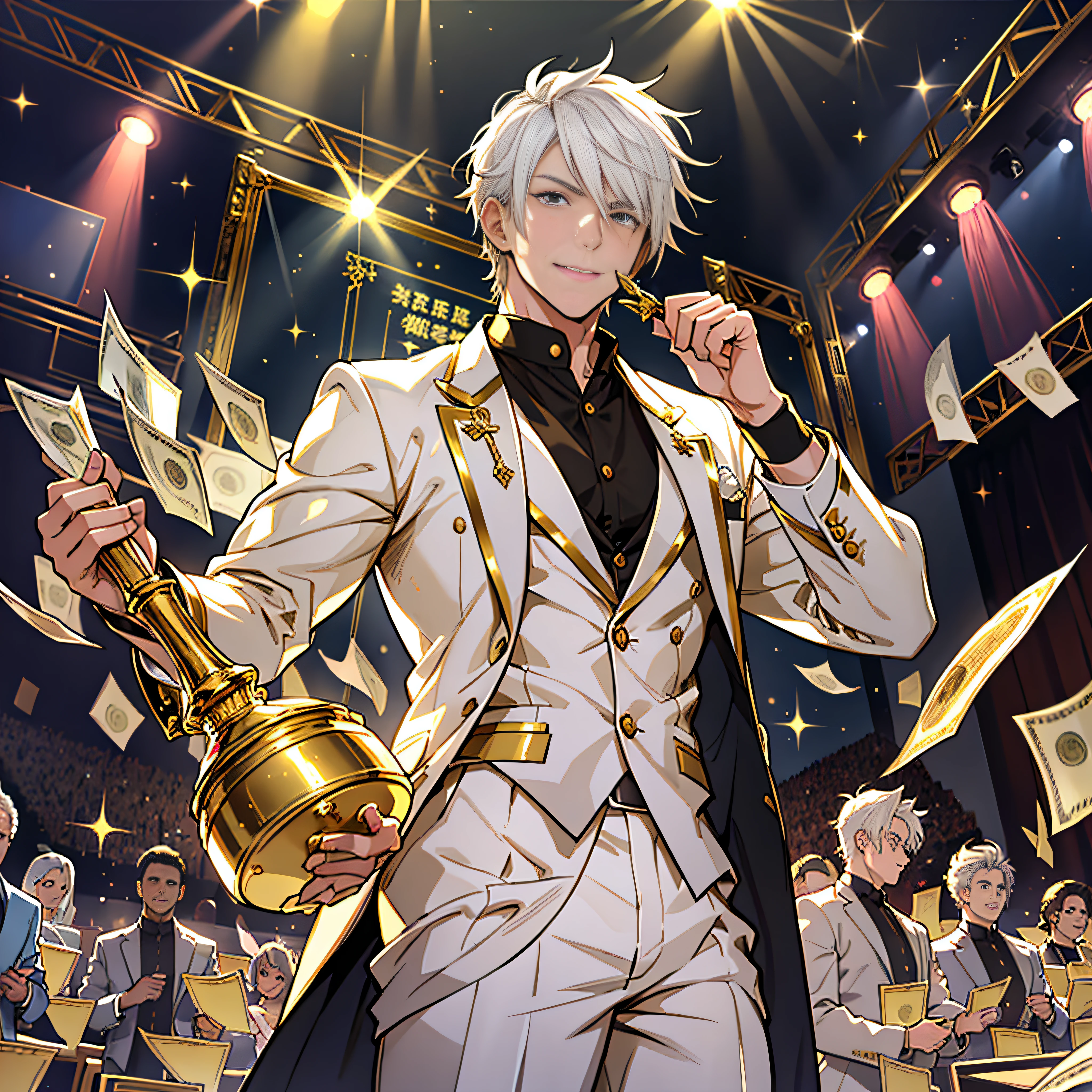 The white-haired boy stood on a glittering stage with a golden trophy in his hand and a huge golden money box filled with cash and bills behind him. Glittering stage, white-haired boy, golden trophy, audience, a golden money box