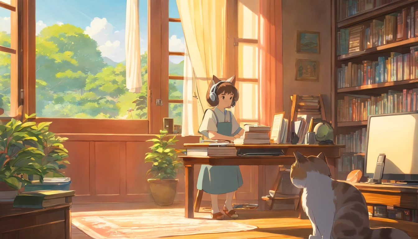 beautiful innocent girl,desk,books and stationery,headphones,listening to music,bright day,sunlight through window,window with curtains,cat chilling on the windows,retro colors,soft lighting, a cat looking outside the window
