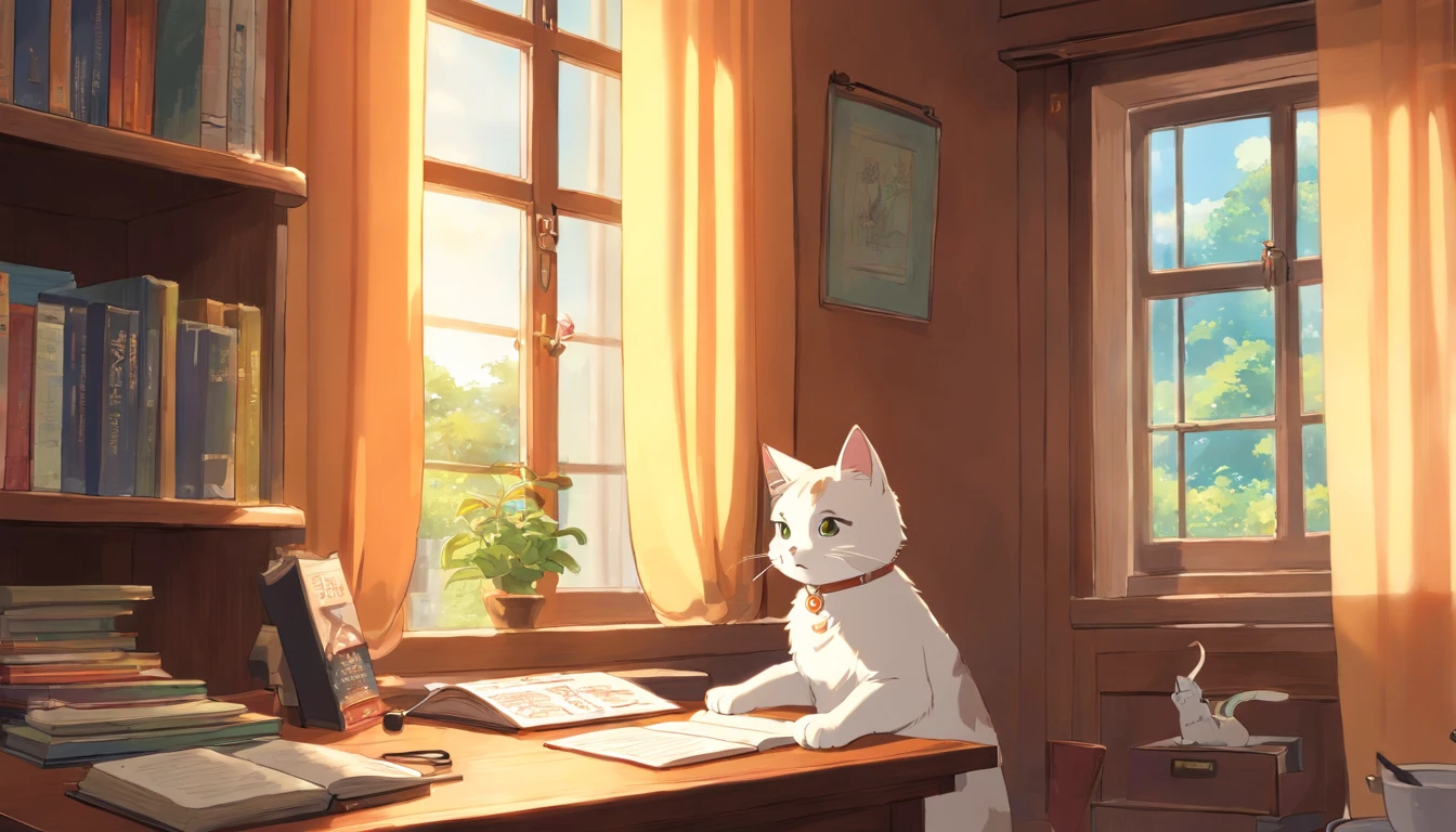 There is a cat sitting at a desk in a room - SeaArt AI