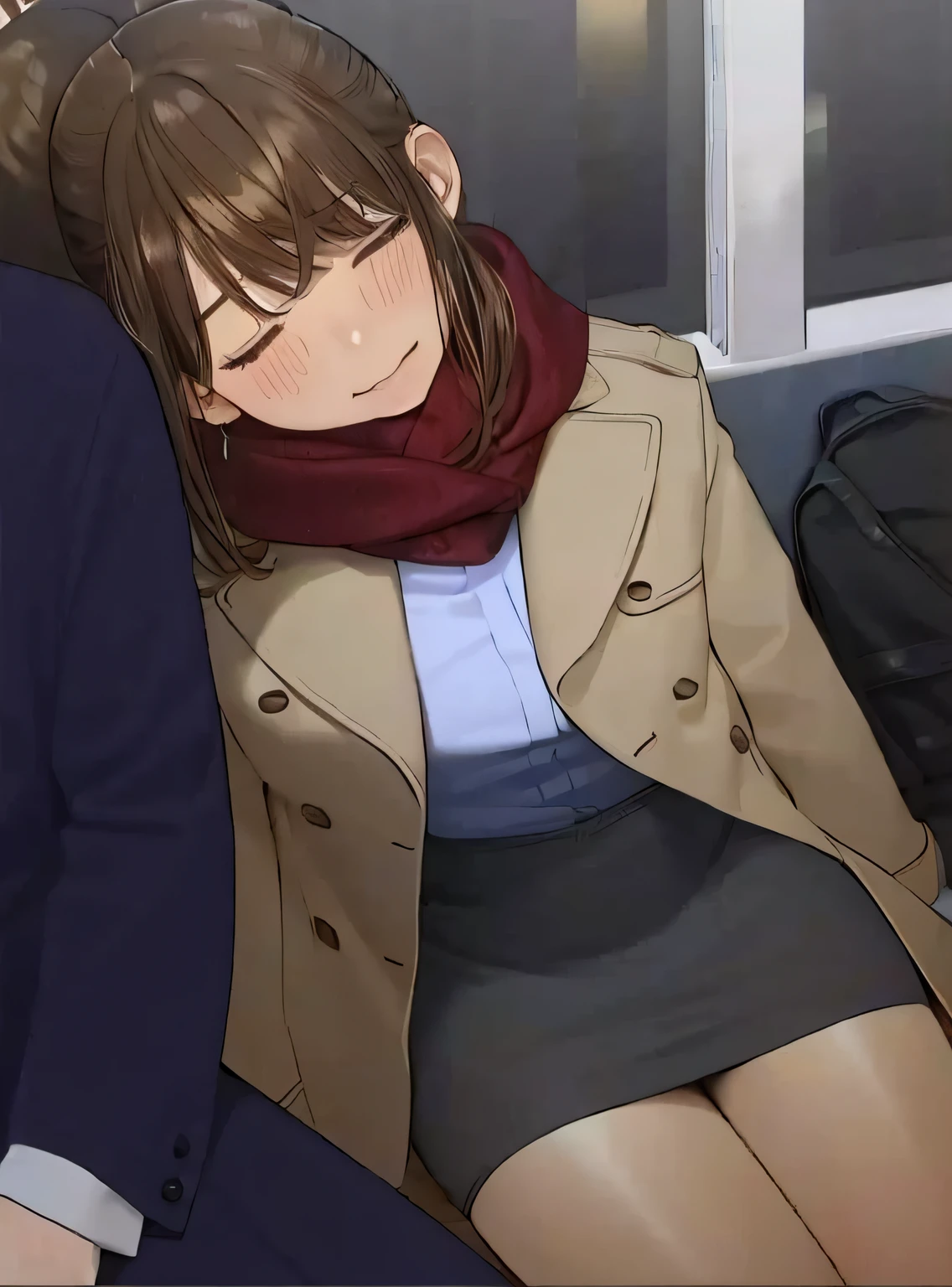 Woman sleeping on bus, ; visual novel, visual novels CG, Realistic schoolgirl, visual novel, attractive anime girls, Smooth anime CG art, Surrealism female students, urban girl fanart