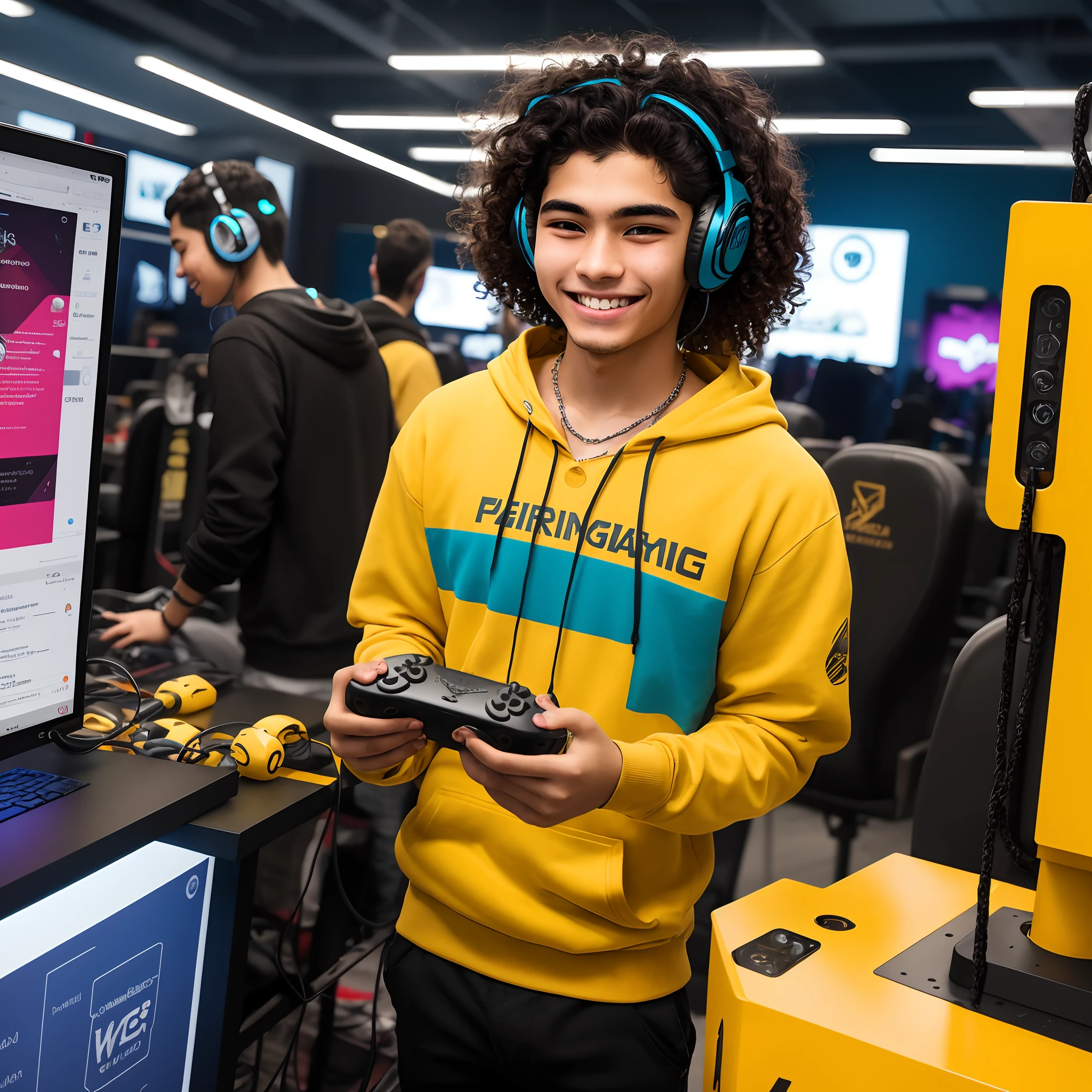 a 6'6 17 year old Puerto Rican man who always wheres a faded blue hoodie and some form of baggy pants he has long curly brown hair and is always smiling and joking around he has robotics arms with many functions and always wheres his gaming headphones and Googles and will never take off his necklace