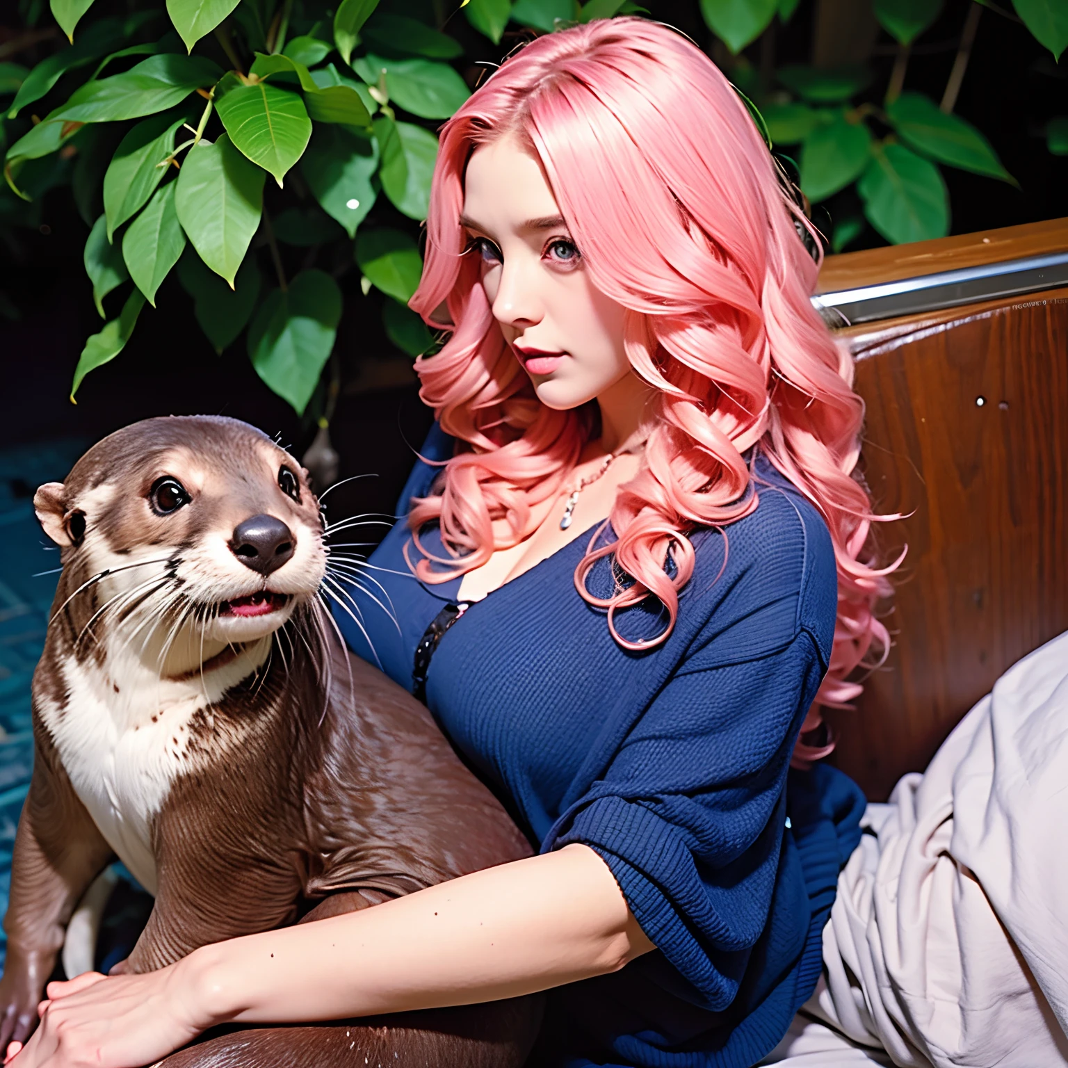 a woman, long curly hair, pink hair, blue eyes, otter, blue otter, just an otter, otter on the woman's lap