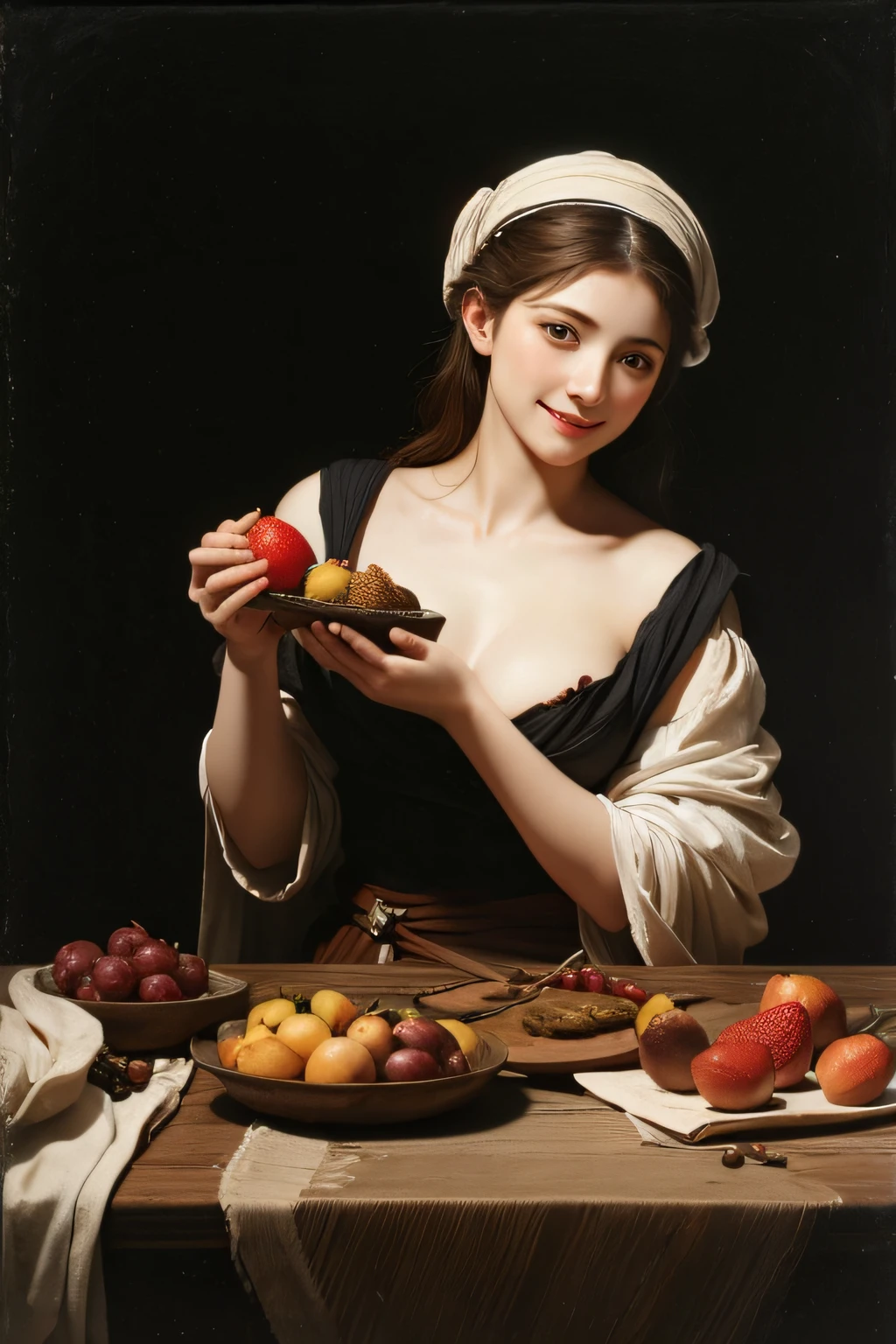 Ancient Greek maiden, Ancient Greek clothes, woman, pure smile, Caravaggio painting, flowers, fruits, big breasts Tong ,Caravaggio chiaroscuro, dark background