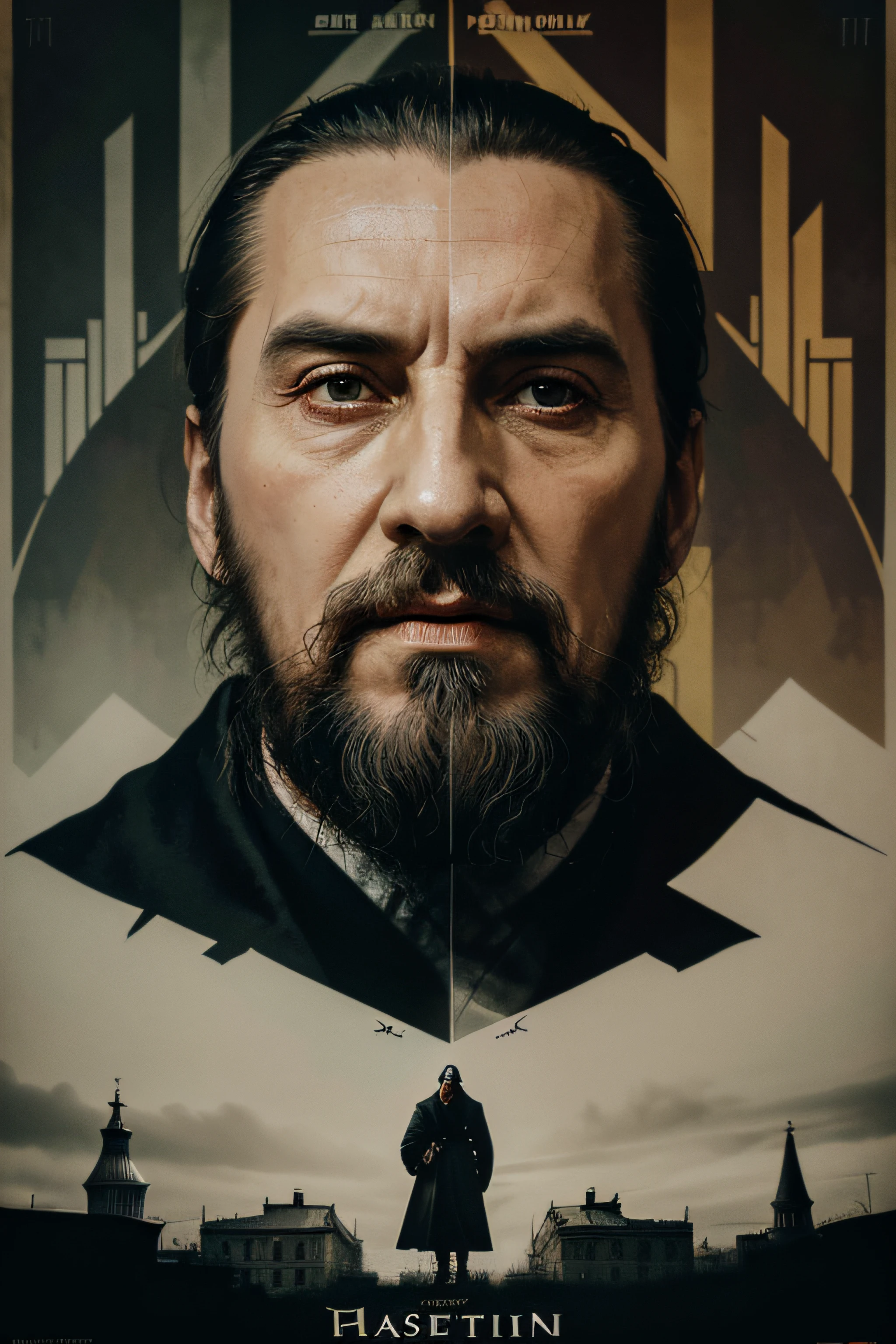 (Masterpiece, Best Quality), 8k Wallpaper, highly detailed, poster, Rasputin, the mad monk, Christopher Lee, Russia, horror thriller cinematic movie poster, vintage movie poster, 1960'a, Bauhaus, shapes, lines, abstract, propaganda, movie poster, vintage, double exposure.