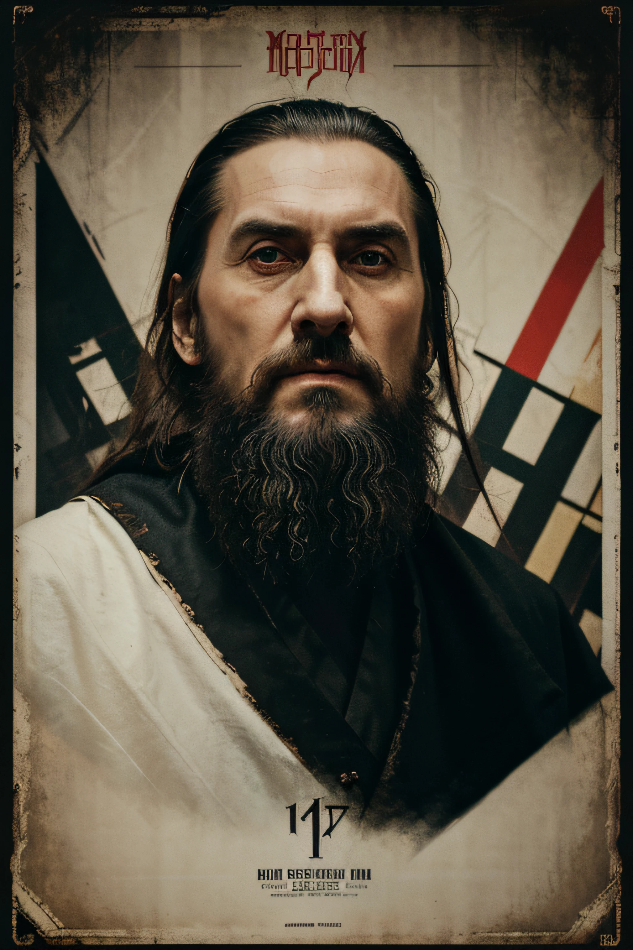 (Masterpiece, Best Quality), 8k Wallpaper, highly detailed, poster, Rasputin, the mad monk, Christopher Lee, Russia, horror thriller cinematic movie poster, vintage movie poster, 1960'a, Bauhaus, shapes, lines, abstract, propaganda, movie poster, vintage, double exposure.