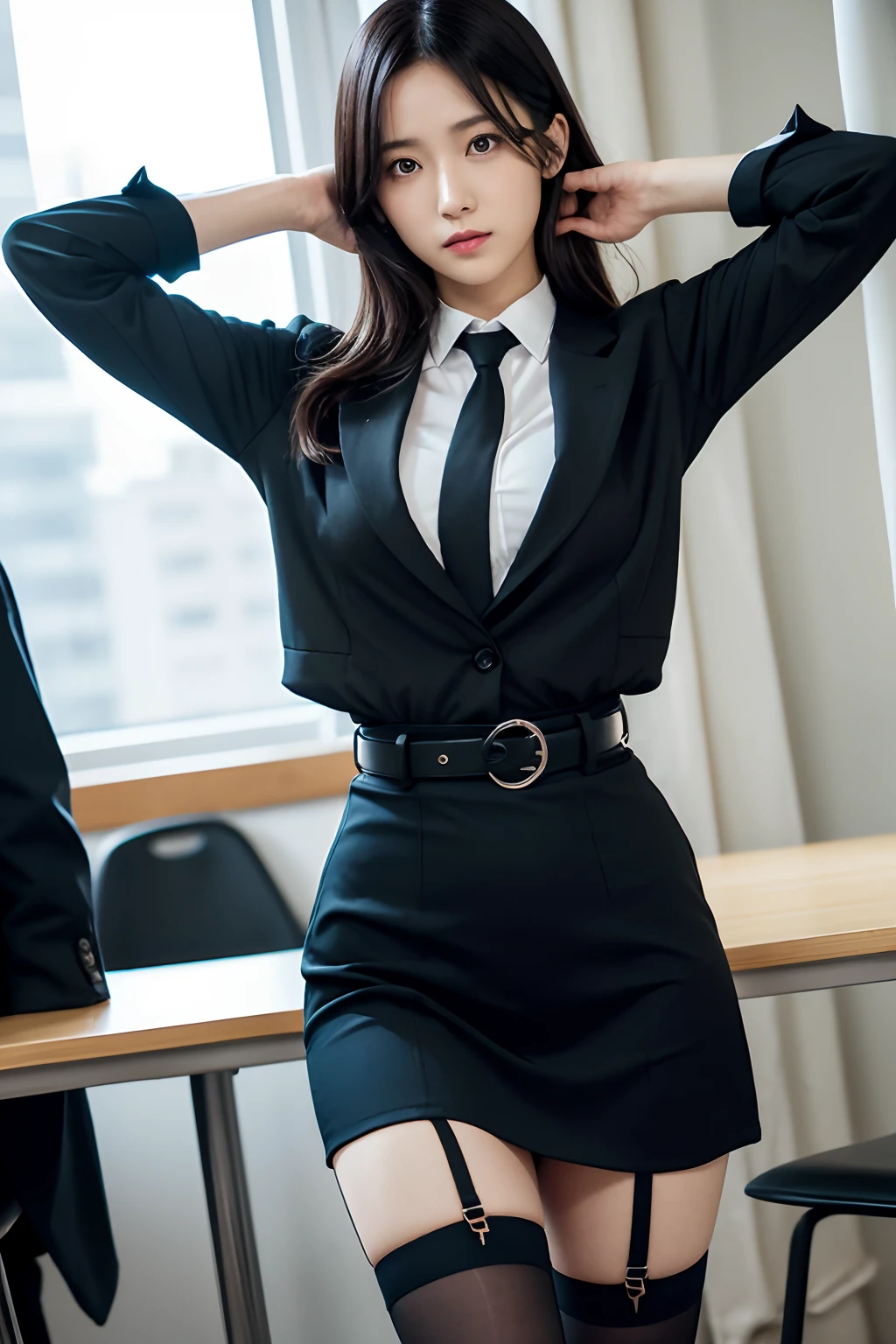 (masutepiece:1.2),High quality,vivd colour,flat-colors,Deep Depth Of Field,Lens Flare,1 girl,Black hair,eyecontact,Suit,Collared shirt,Belt bag,suspenders,Professional,Office Lady,Mature Women,Black mini skirt　garterbelts　knee high　Stockings　Black Niso　Colorcon armpit sweat　perspiring　Side of both hands,Black jacket,Gaze,ample bosom,Armpit sweat,Exposing the armpits"Pichi Pichi clothes