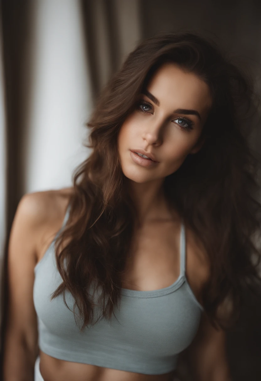 arafed woman with matching tank top and panties, sexy girl with brown eyes, portrait sophie mudd, brown hair and large eyes, selfie of a young woman, bedroom eyes, violet myers, without makeup, natural makeup, looking directly at the camera, face with artgram, subtle makeup, stunning full body shot, in bedroom, cleavage