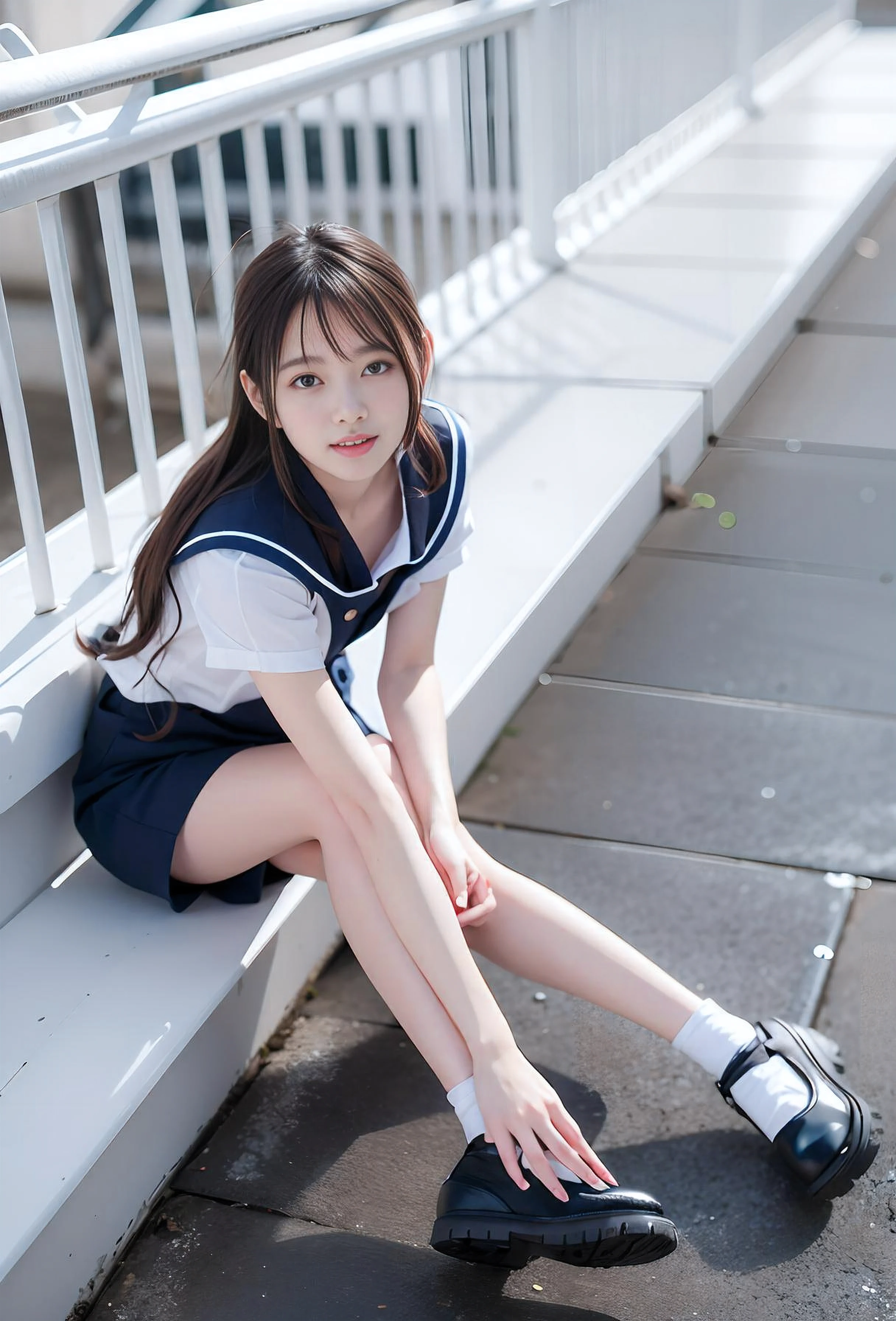 8K, RAWポートレート NSFW.(Japanese women),masterpiece、Photoreal:1.2、realistic, ultra high resolution, highest quality, real life photos ,( in the evening :1.1),
((((1 female))))、Japanese、(((high school girl、japanese 、Short-sleeved navy sailor suit、sailor scarf)))、(cute face:1.3)、Japanese women,((high school girl))、((Real high school girl))、((business art:1.6)),slender body,、at the park、detailed private parts、((Detailed vaginal interior))、
、big, beautiful, fine eyes, ((very big breasts))、black hair,(Depth of written boundary:1.3)、 ((dark brown eyes:1.2))、(realistic skin texture:1.3)、(An immersive atmosphere:0.8、chiaroscuro:1.2) 、(view viewer:1.4)、((smile、A facial expression that tries to fool the viewer:1.4))、((red cheeks:1.3))、((Blue Sky from Below:1.2))、(open your mouth:0.7)、((private parts visible))、((sexy shot))、((woman rolling up her skirt))、((Crouching on the stairs))、((from below:1.38))、((A photo that emphasizes the private parts))、the most beautiful woman in the world、the most beautiful woman in the world、((spread your legs to the side:1.4))、