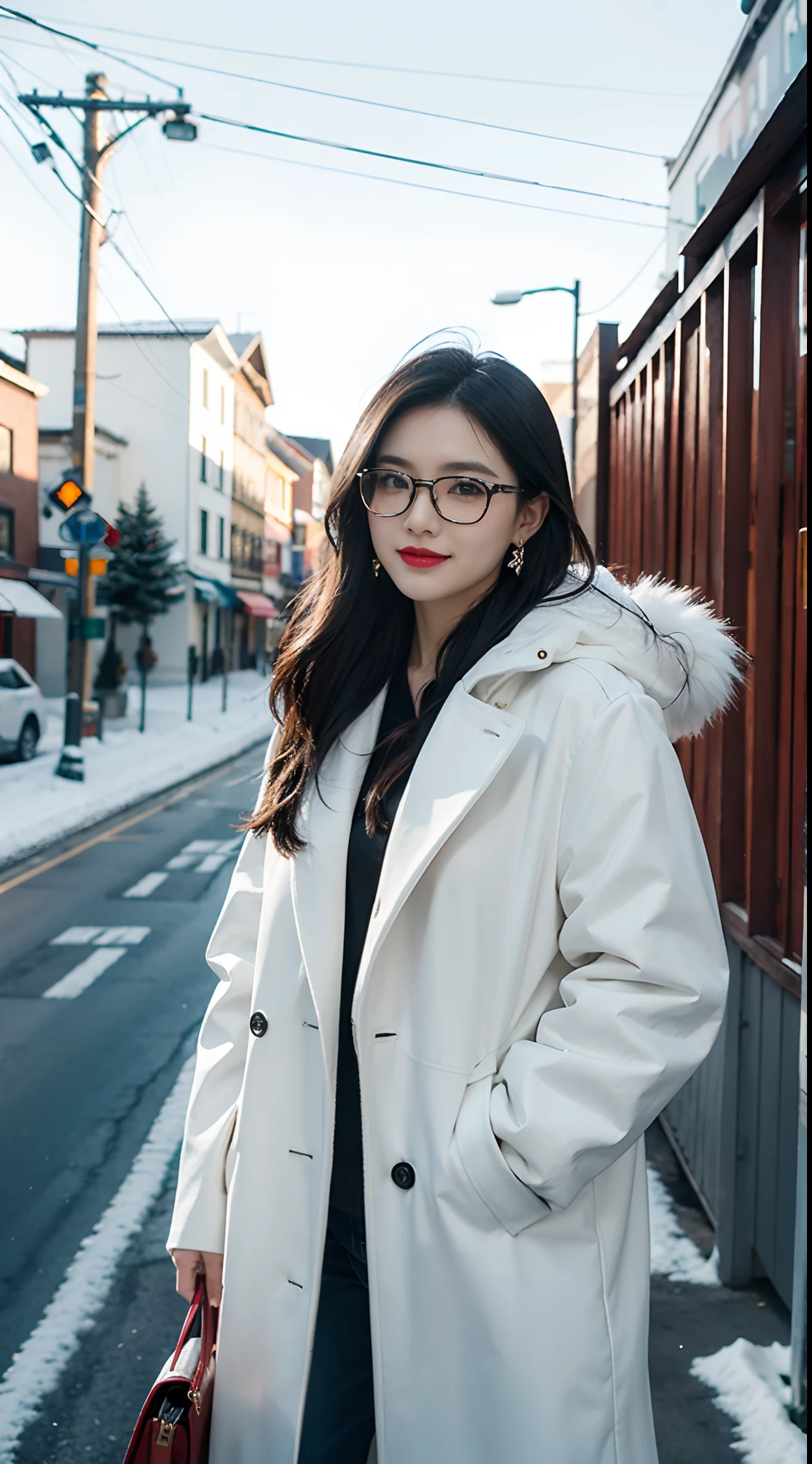sam yang,, 1girll, Animal, animal on shoulder, Bird, black-frame glasses, Black eyes, Black hair, Blue sky, Cityscape, Clear sky, Coat, day, Earrings, Glasses hanging, Take off glasses, Fur coat, Jacket, jewelry, Long hair, Looks to the side, Outdoors, Power lines, Red lips, sky, Smile, Snow, Solo, sunglasses, White bird, White coat, winter, winter clothes, , ((Masterpiece))