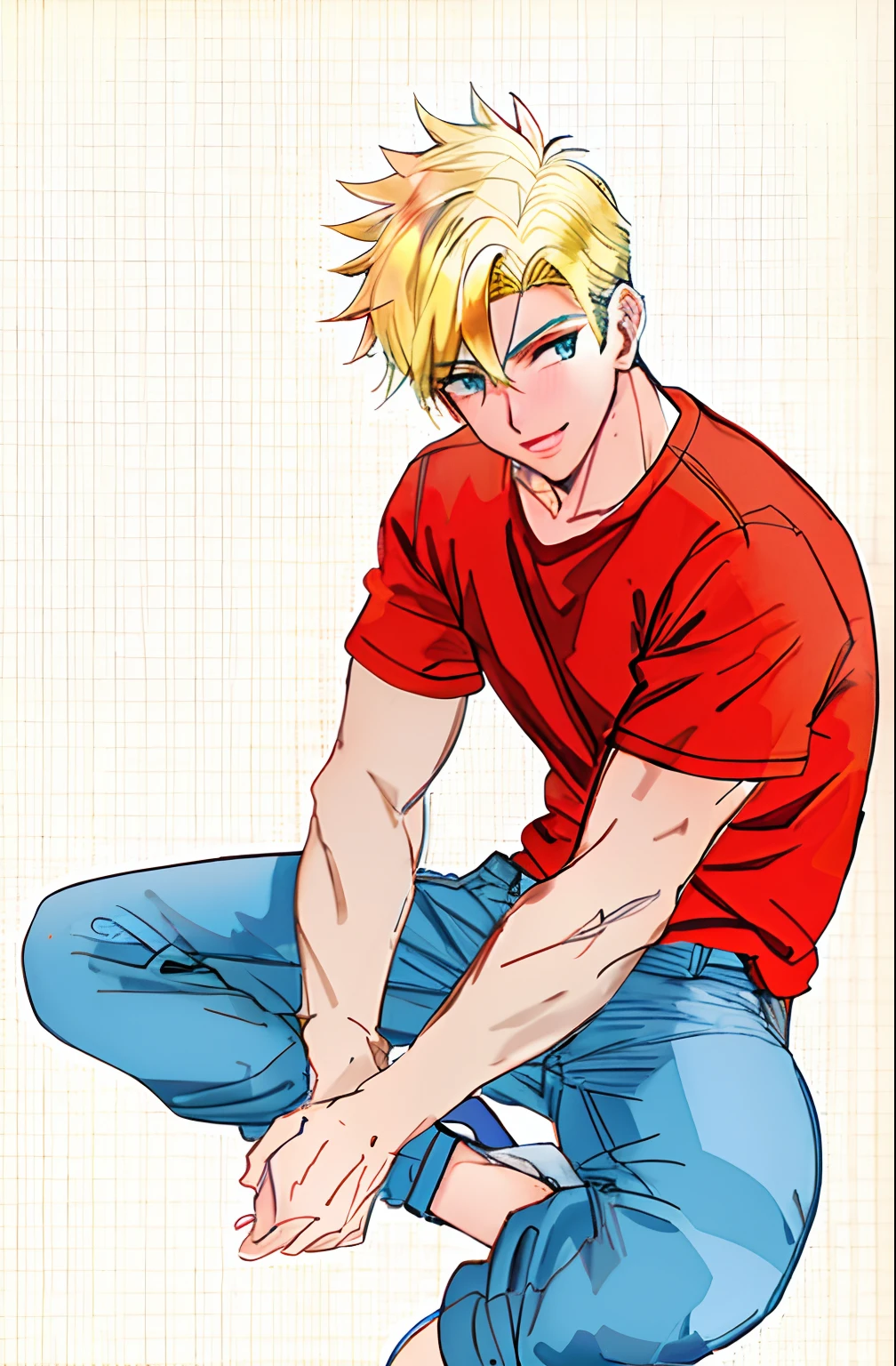 A cartoon of a man sitting on the floor with his hands on his knees, Archie Andrews, cara loiro, Colorido digitalmente, lineart colorido, Mignogna, colorful sketch, pose de anime bonito, archie comic style, loiro, homem loiro, cara de anime alto com olhos azuis, Lineart e cor limpas, lineart colorido, high quality colored sketch