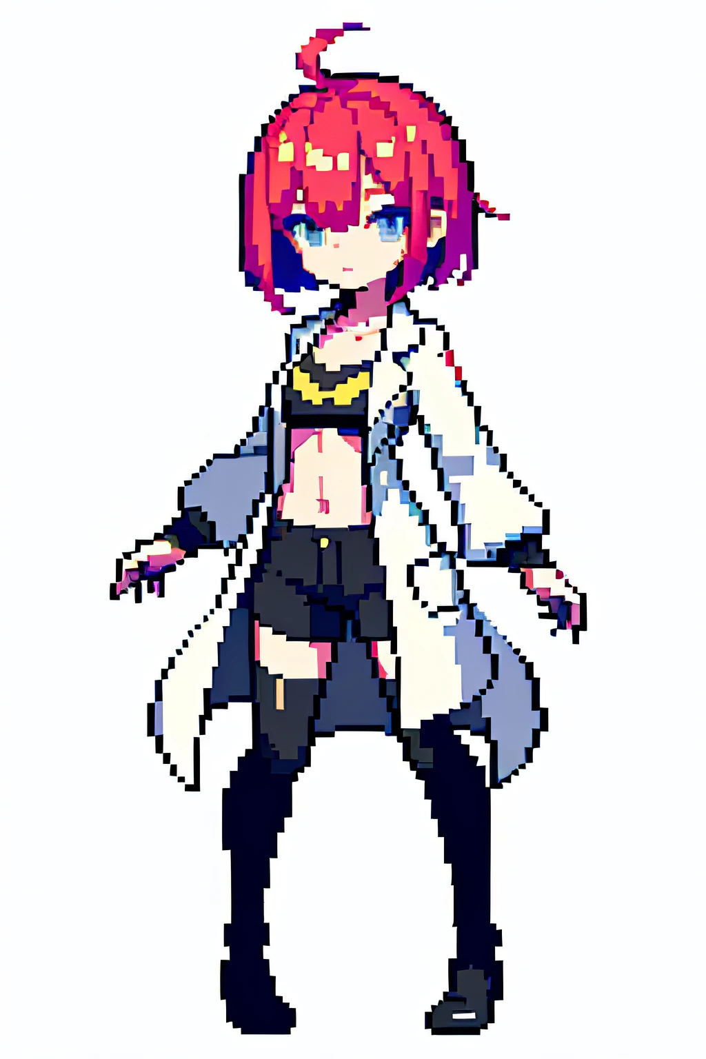 (masterpiece, top quality, best quality, less detail, 8-bit color), pixel,pixel art,1 short girl,draw on aseprite software,full body, long lab coat, bra on top, short pant,attack pose, simple eyes color, limit eyes color,