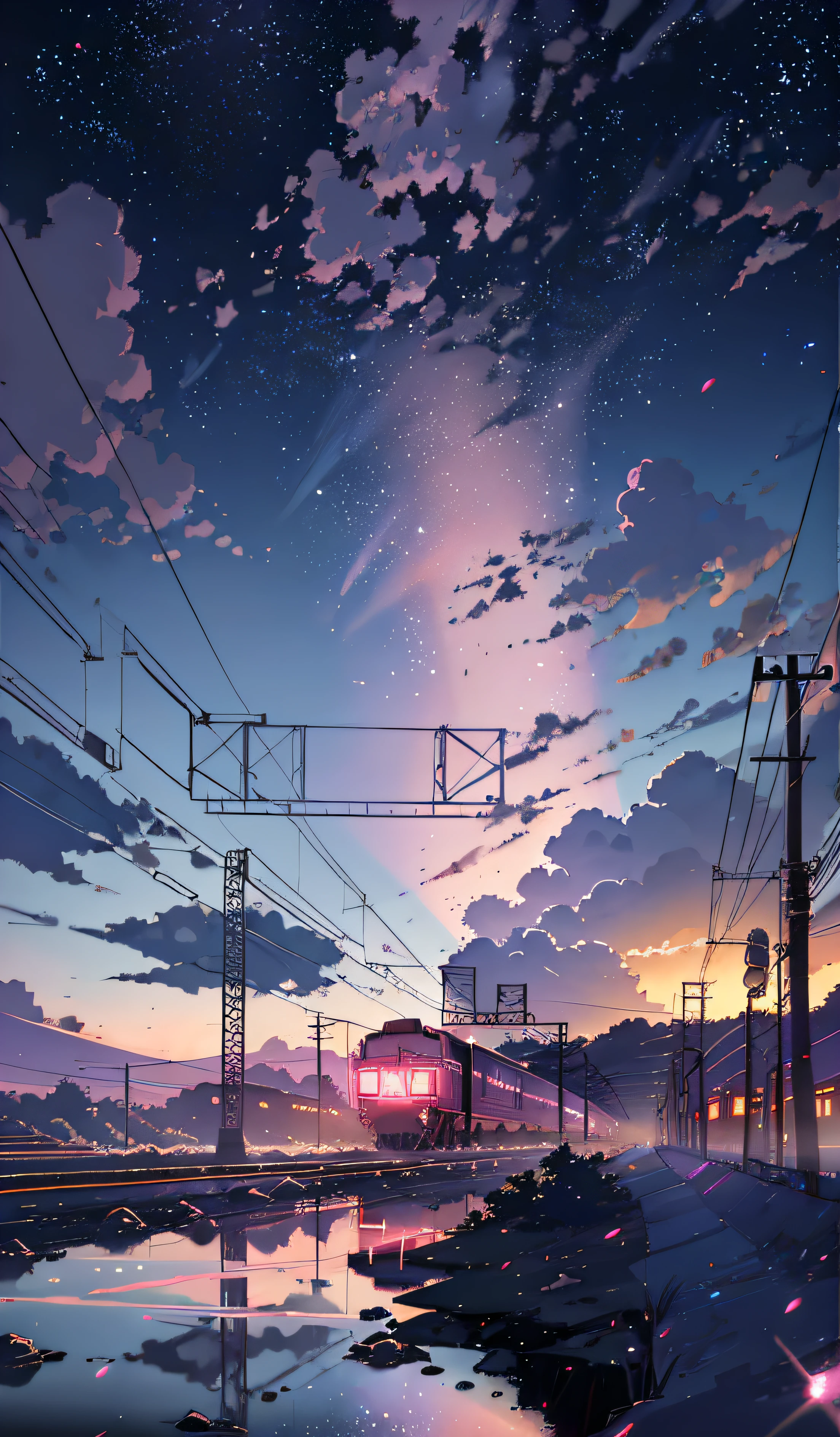 anime scene of a train passing under a pink and purple sky, an anime drawing by Makoto Shinkai, trending on pixiv, magical realism, beautiful anime scene, cosmic skies. by makoto shinkai, ( ( makoto shinkai ) ), by makoto shinkai, anime background art, style of makoto shinkai