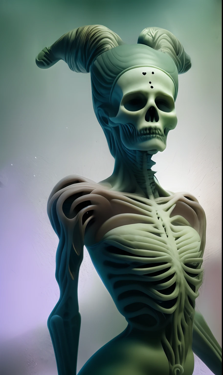 . ultra detailed marble and jade sculpture of a female necromancer, skeleton face, volumetric fog, Hyperrealism, breathtaking, ultra realistic, ultra detailed, cyber background, cinematic lighting, highly detailed, breathtaking, photography, stunning environment, wide-angle