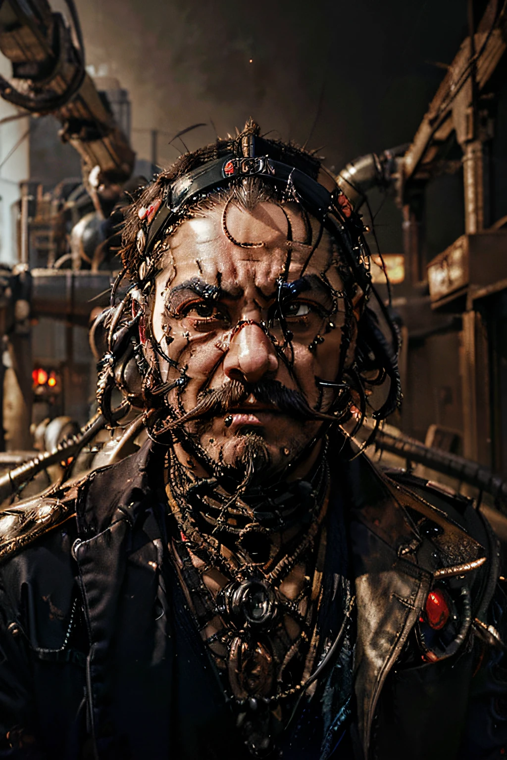 face_portrait, crude, mechanical, adult_male, Japanese, evil, sinister, mustache, mouche, glass_lens_in_right_eye, wires_through_face, wires_in_head, wires_across_head, deformed, stitches_across_face, arrogant, spiteful