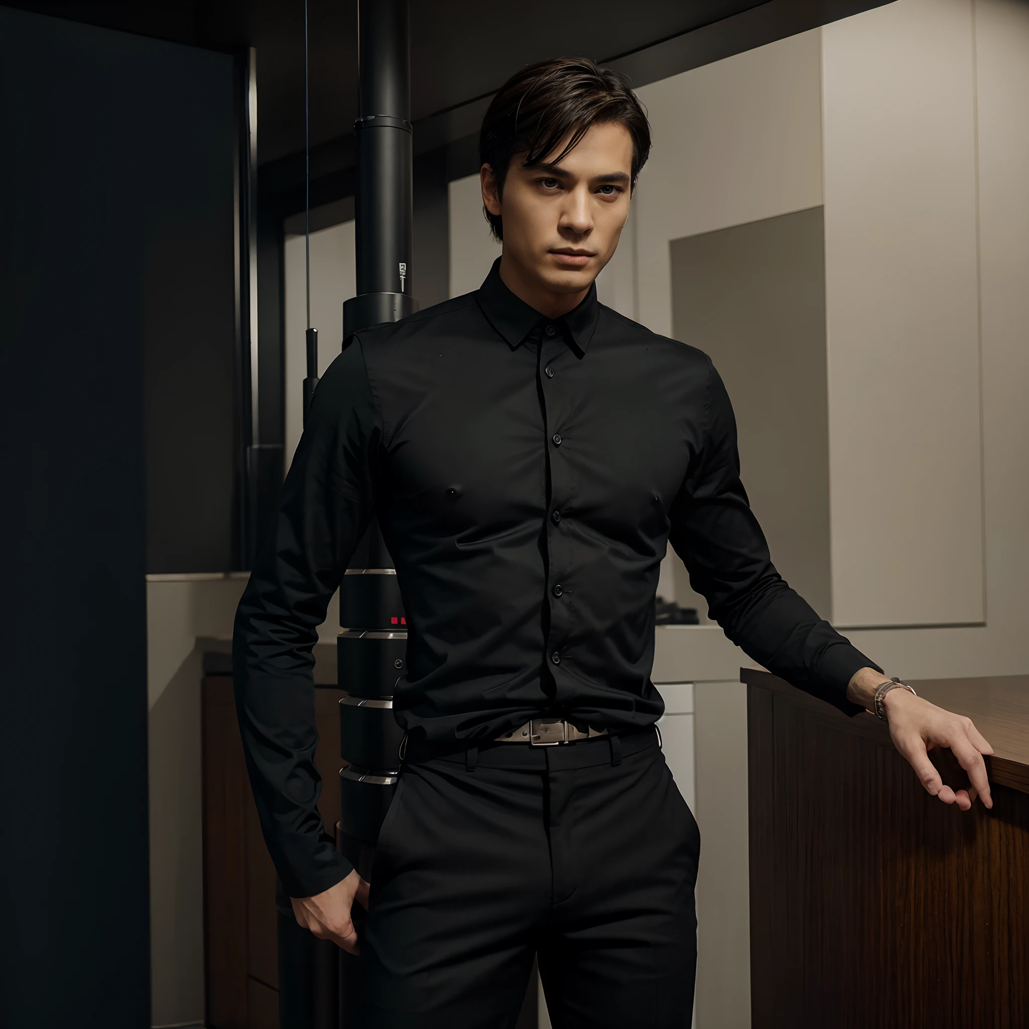 blacksuit、Slim Fit Pants、Cinema Stick Shots、finely detailed background、1 male、gentleman