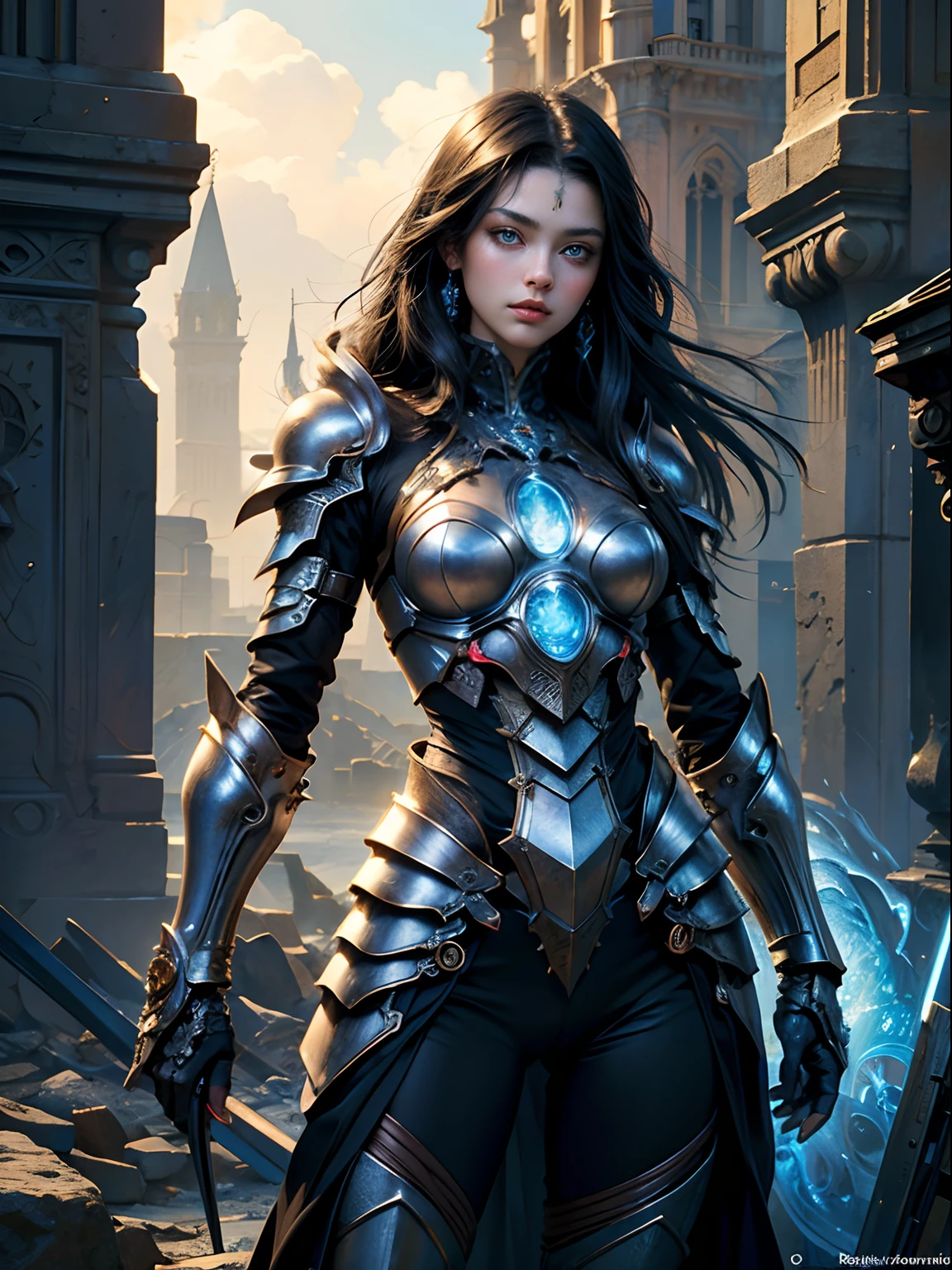 (masterpiece, top quality, best quality, official art, beautiful and aesthetic:1.2), extreme detailed,(fractal art:1.3),colorful,highest detailed, (1girl), black hair, blue eyes, fair skin, skiny silver, armor