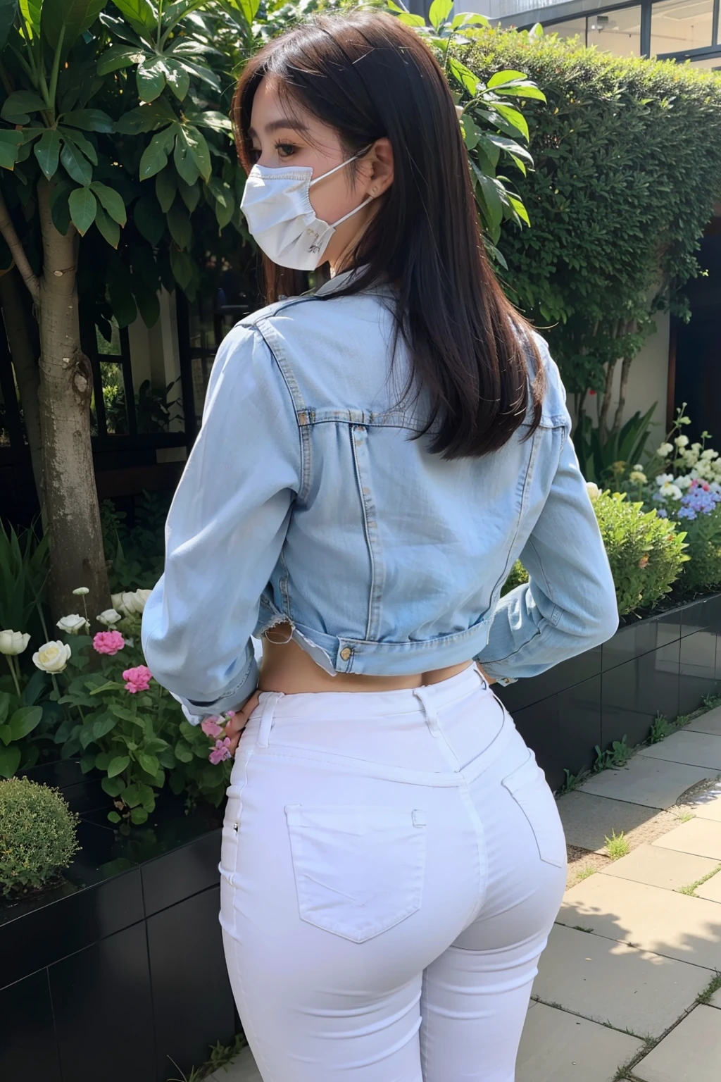 Two beauties wearing white tight hip skirts，Skinny denim jacket，Plump buttocks，The back is charming，wearing face mask，on the garden